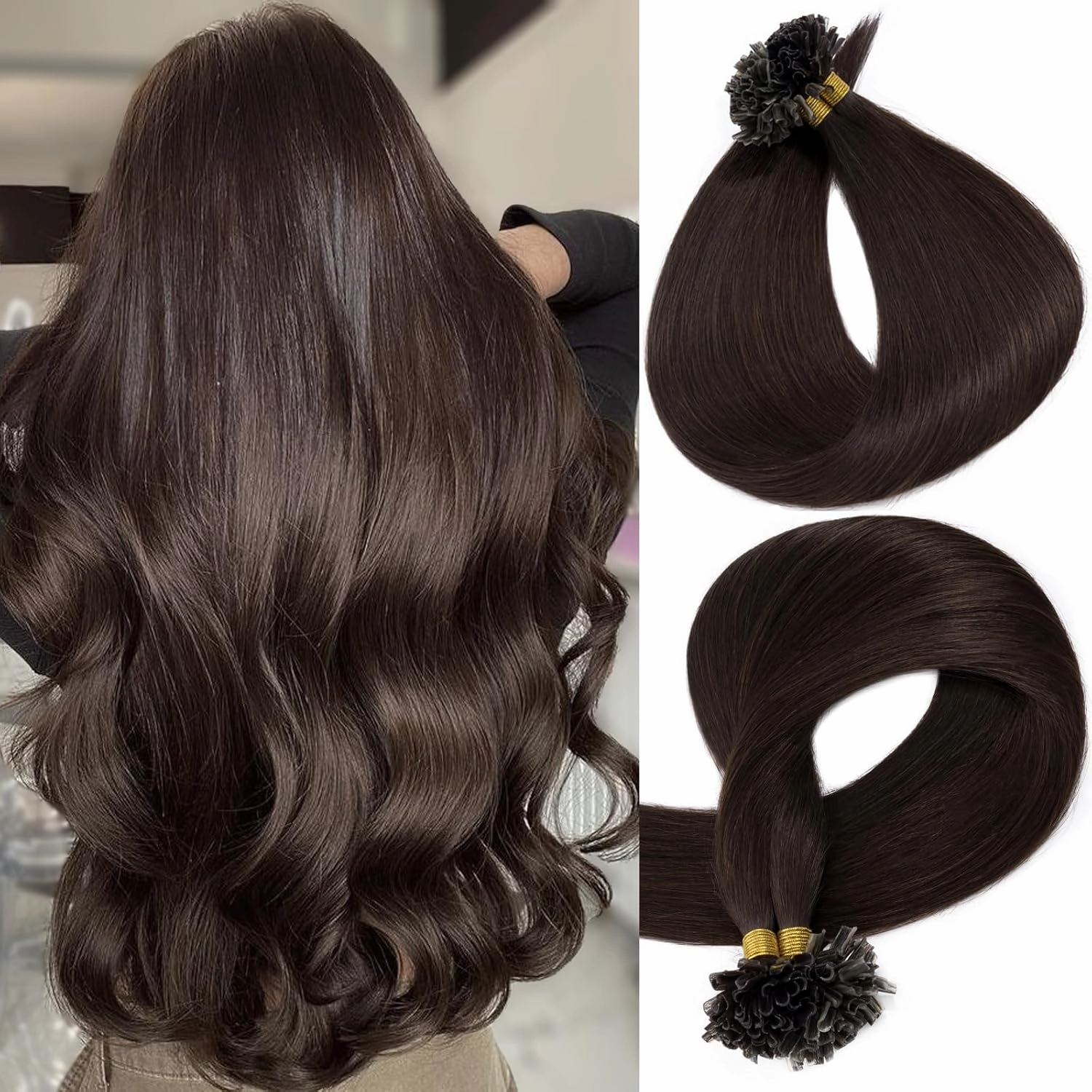 S-noilite U Tip Hair Extensions Human Hair Pre Bonded Nail Tipped Real Human Hair Piece Italian Keratin U Tip Fusion Extensions Silky Straight 100 Strands 14"-50g (#02 Dark Brown)