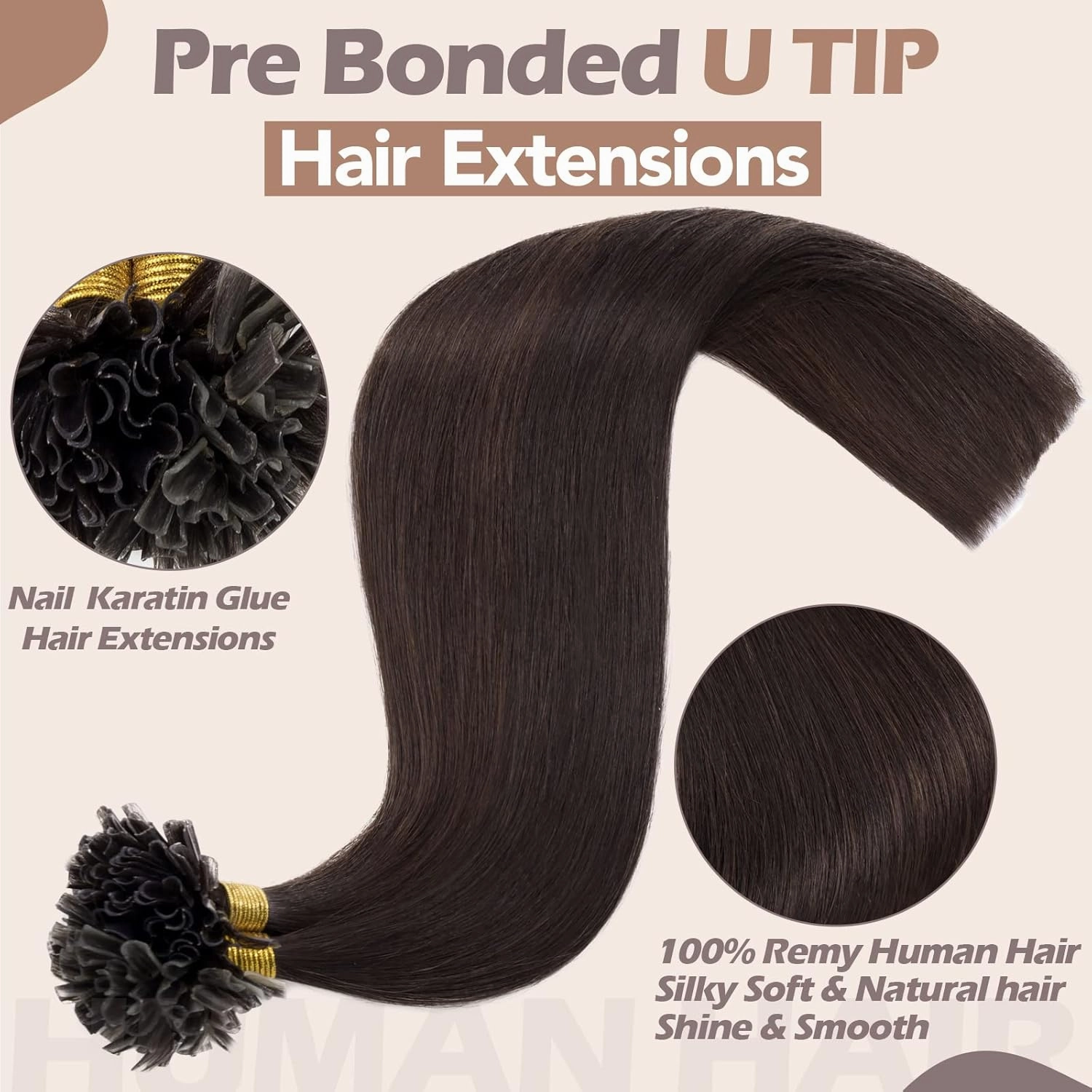 S-noilite U Tip Hair Extensions Human Hair Pre Bonded Nail Tipped Real Human Hair Piece Italian Keratin U Tip Fusion Extensions Silky Straight 100 Strands 14"-50g (#02 Dark Brown)