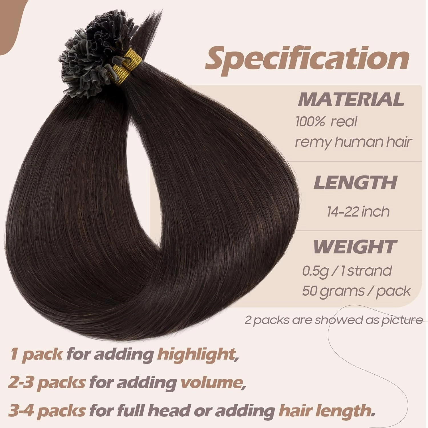 S-noilite U Tip Hair Extensions Human Hair Pre Bonded Nail Tipped Real Human Hair Piece Italian Keratin U Tip Fusion Extensions Silky Straight 100 Strands 14"-50g (#02 Dark Brown)