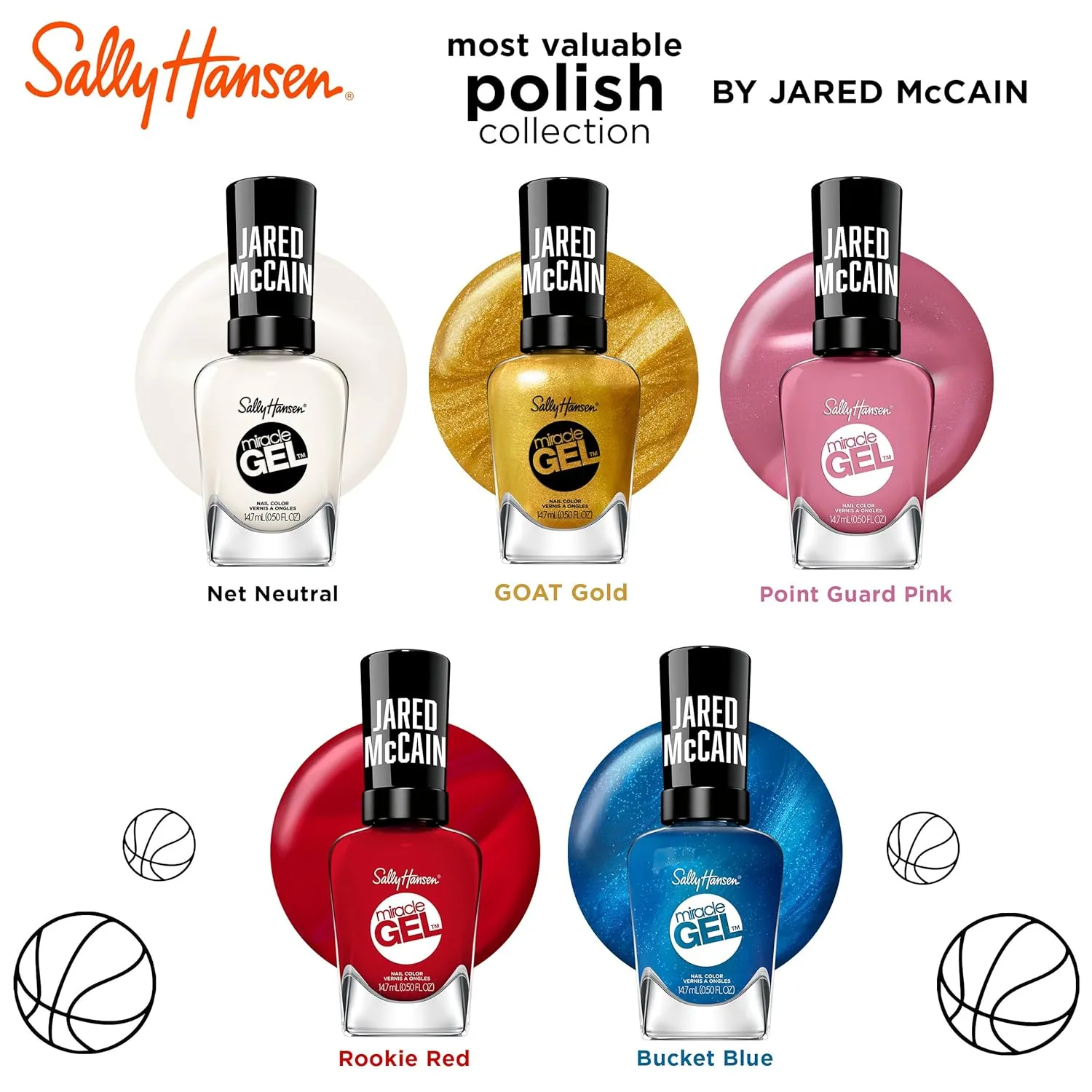 Sally Hansen Miracle Gel™ x Jared McCain, Point Guard Pink, Long Lasting, Gel-Like Formula, No UV Lamp Needed, PInk Nail Polish