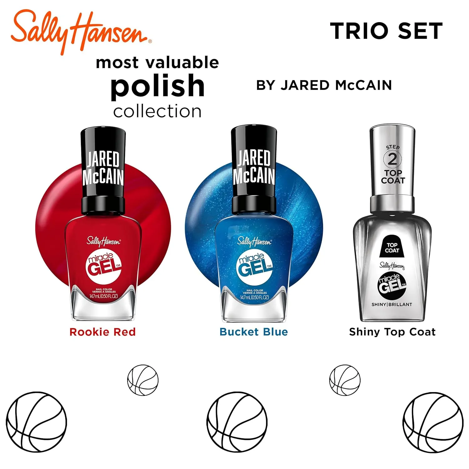 Sally Hansen Miracle Gel™ x Jared McCain, Trio Set, Long Lasting, Gel-Like Formula, No UV Lamp Needed, Blue and Red Nail Polish