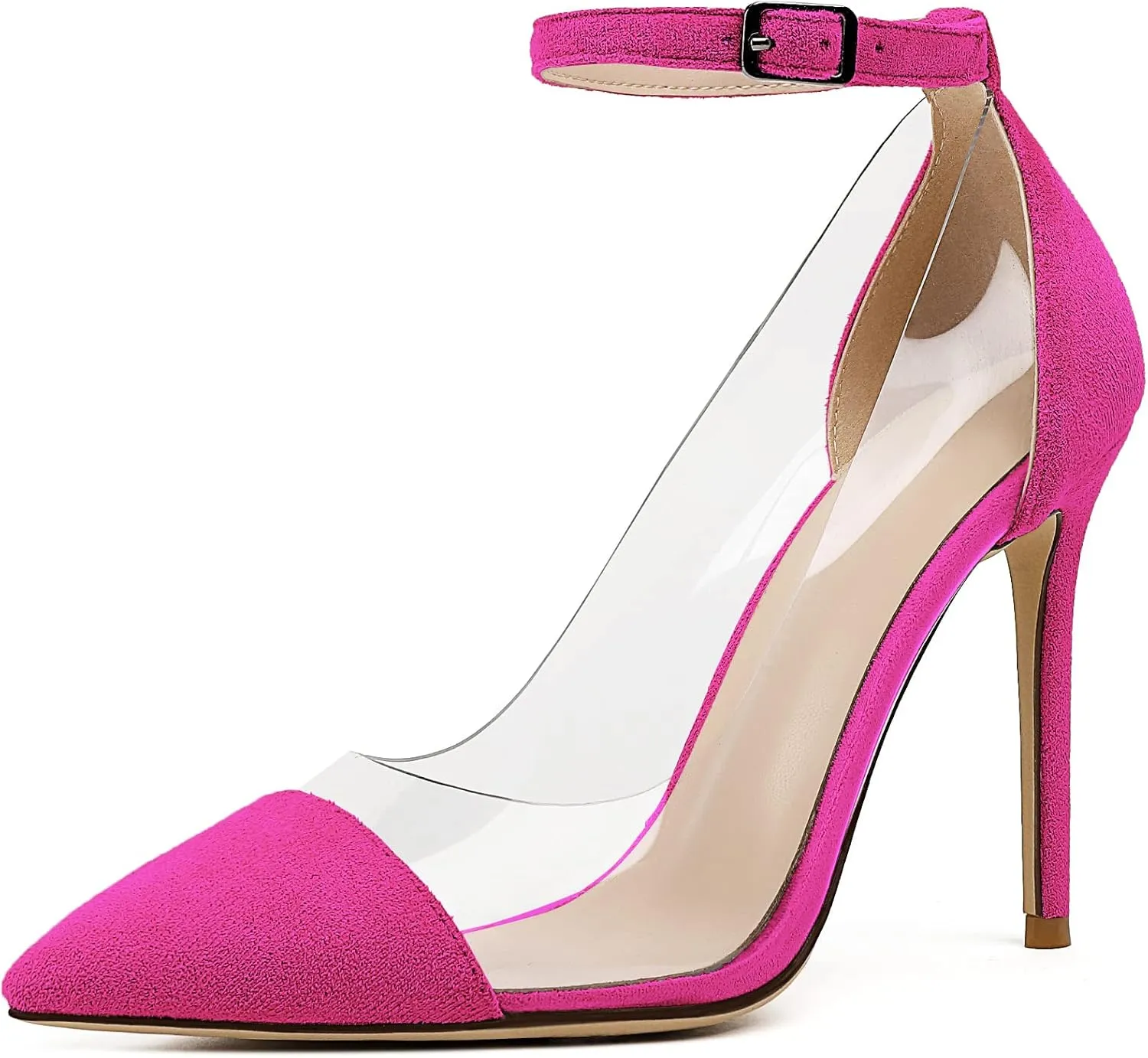 SAMMITOP Women's Clear Pointed Toe 4'Inch High Heel Stilettos Ankle Strap Pumps Transparent PVC Fashion Wedding Party Dress Shoes