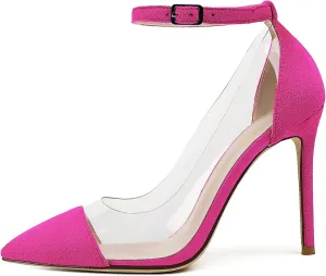 SAMMITOP Women's Clear Pointed Toe 4'Inch High Heel Stilettos Ankle Strap Pumps Transparent PVC Fashion Wedding Party Dress Shoes