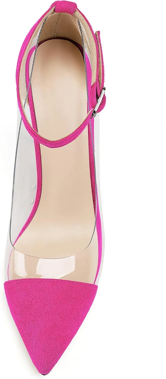 SAMMITOP Women's Clear Pointed Toe 4'Inch High Heel Stilettos Ankle Strap Pumps Transparent PVC Fashion Wedding Party Dress Shoes