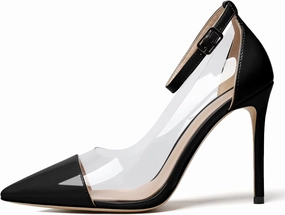 SAMMITOP Women's Clear Pointed Toe 4'Inch High Heel Stilettos Ankle Strap Pumps Transparent PVC Fashion Wedding Party Dress Shoes