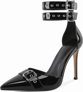 SAMMITOP Womens Pointed Toe D'Orsay Pumps Stilettos High Heel Ankle Strap Buckle Metal Eyelet Wedding Party Dress Shoes 4 Inch