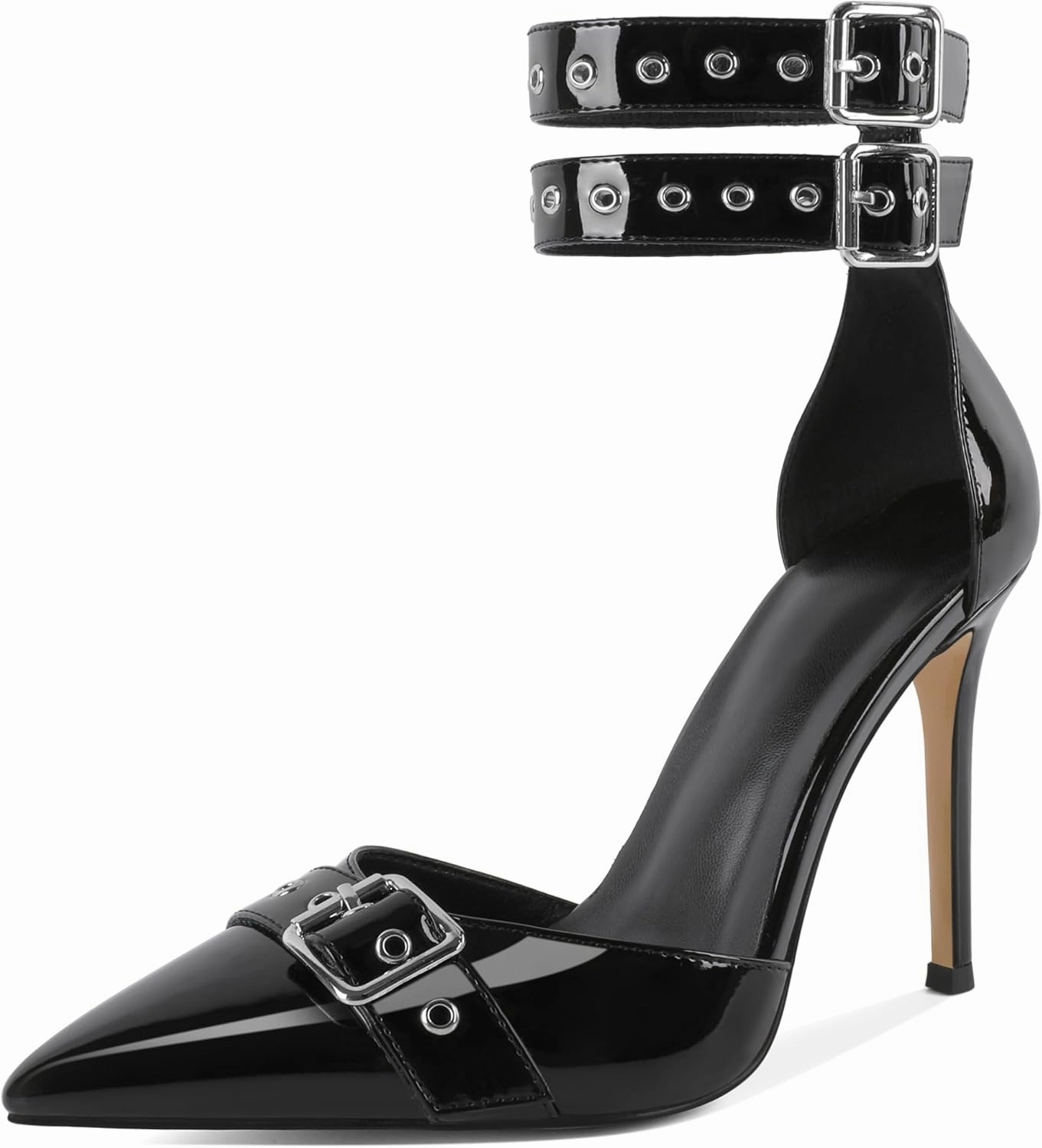 SAMMITOP Womens Pointed Toe D'Orsay Pumps Stilettos High Heel Ankle Strap Buckle Metal Eyelet Wedding Party Dress Shoes 4 Inch