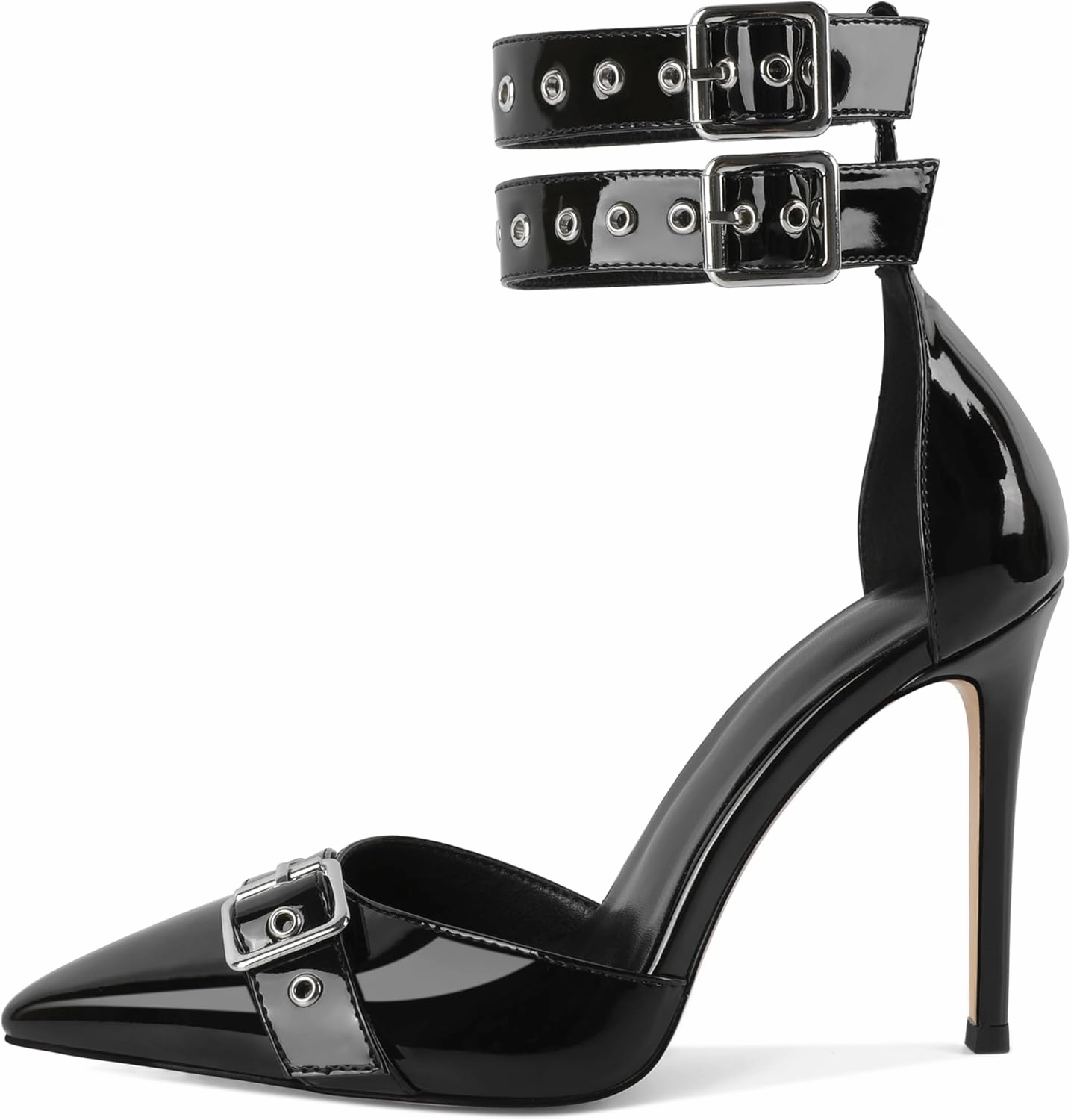 SAMMITOP Womens Pointed Toe D'Orsay Pumps Stilettos High Heel Ankle Strap Buckle Metal Eyelet Wedding Party Dress Shoes 4 Inch