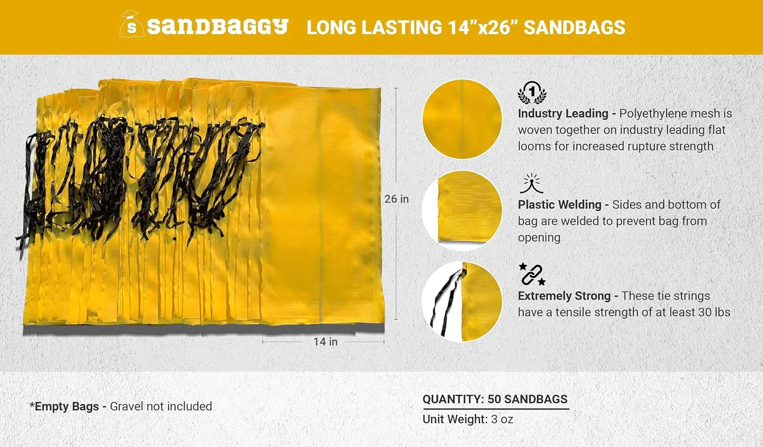 Sandbaggy - 14" x 26" Long-Lasting Sandbags - Yellow Color - Lasts 1-2 Yrs - Monofilament (Pack of 50)