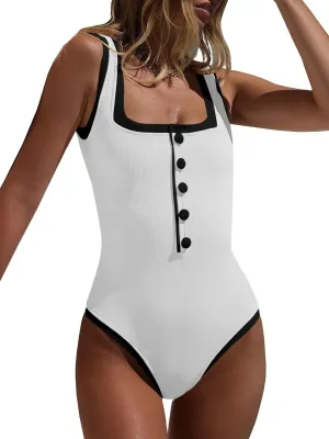 Saodimallsu Womens One Piece Swimsuit Vintage Ribbed Slimming High Cut Color Block Button Square Neck Bathing Suit