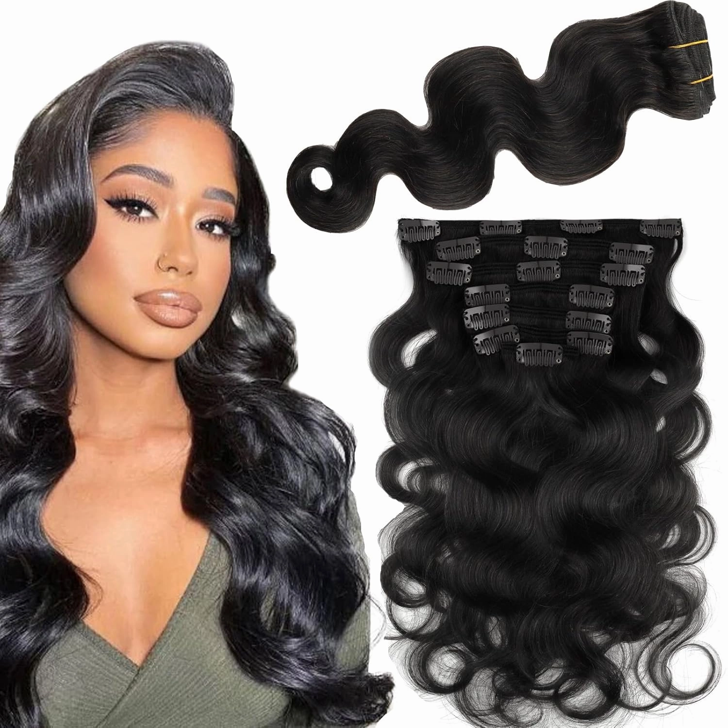 Sassina Body Wave Clip in Extensions Human Hair Double Weft Clip in Human Hair Extensions Full Head Natural Black Brazilian Clip Remy Thick Hair Extensions for Black Women 7Pcs 120G 20 Inch