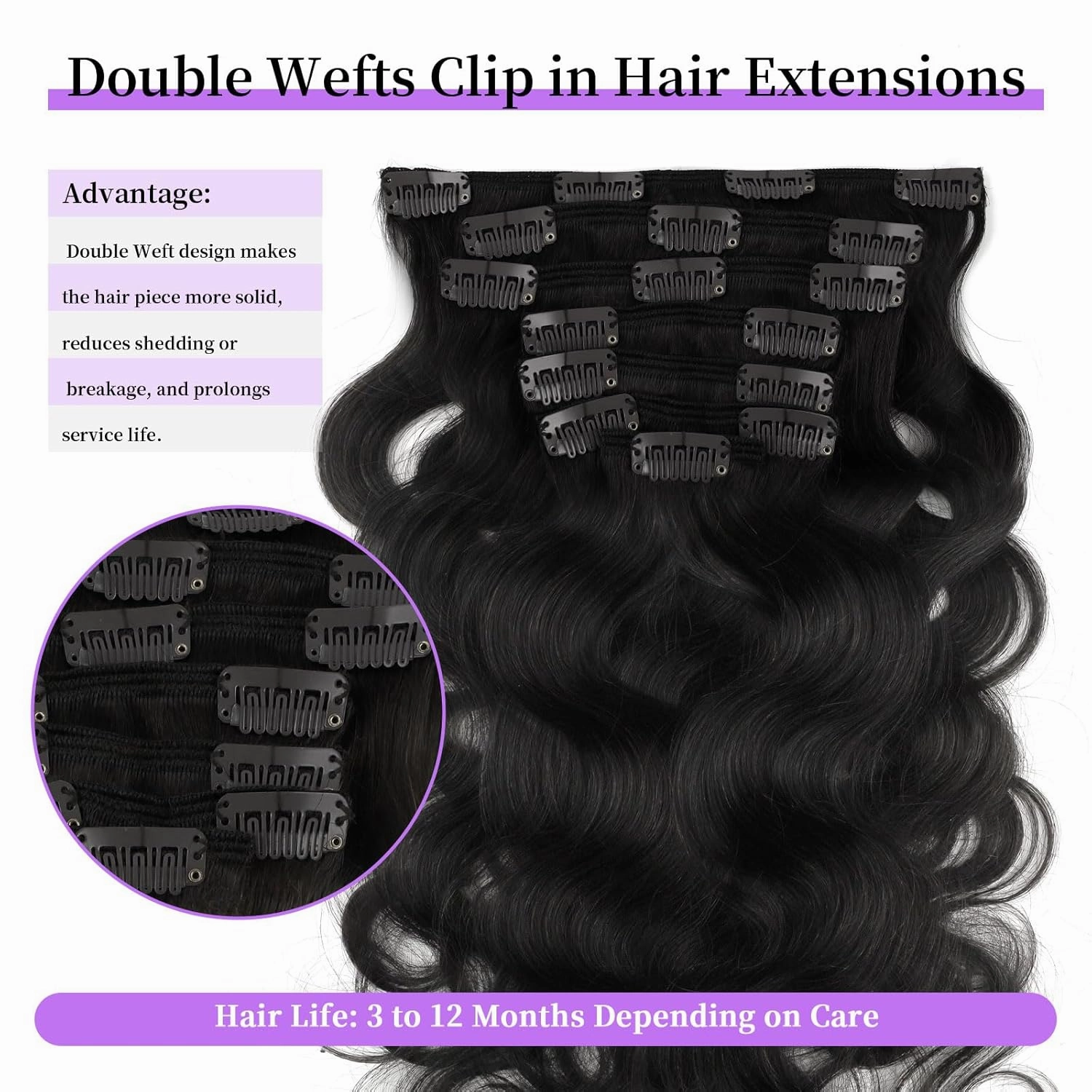 Sassina Body Wave Clip in Extensions Human Hair Double Weft Clip in Human Hair Extensions Full Head Natural Black Brazilian Clip Remy Thick Hair Extensions for Black Women 7Pcs 120G 20 Inch