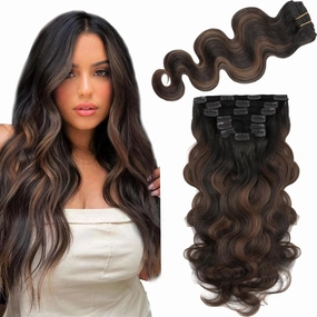 Sassina Clip in Hair Extensions Human Hair Body Wave Clip in Real Human Hair Extensions Two Tone Natural Black to Chocolate Brown Remy Soft Human Hair Extensions Full Head 7Pcs 120G 20 Inch