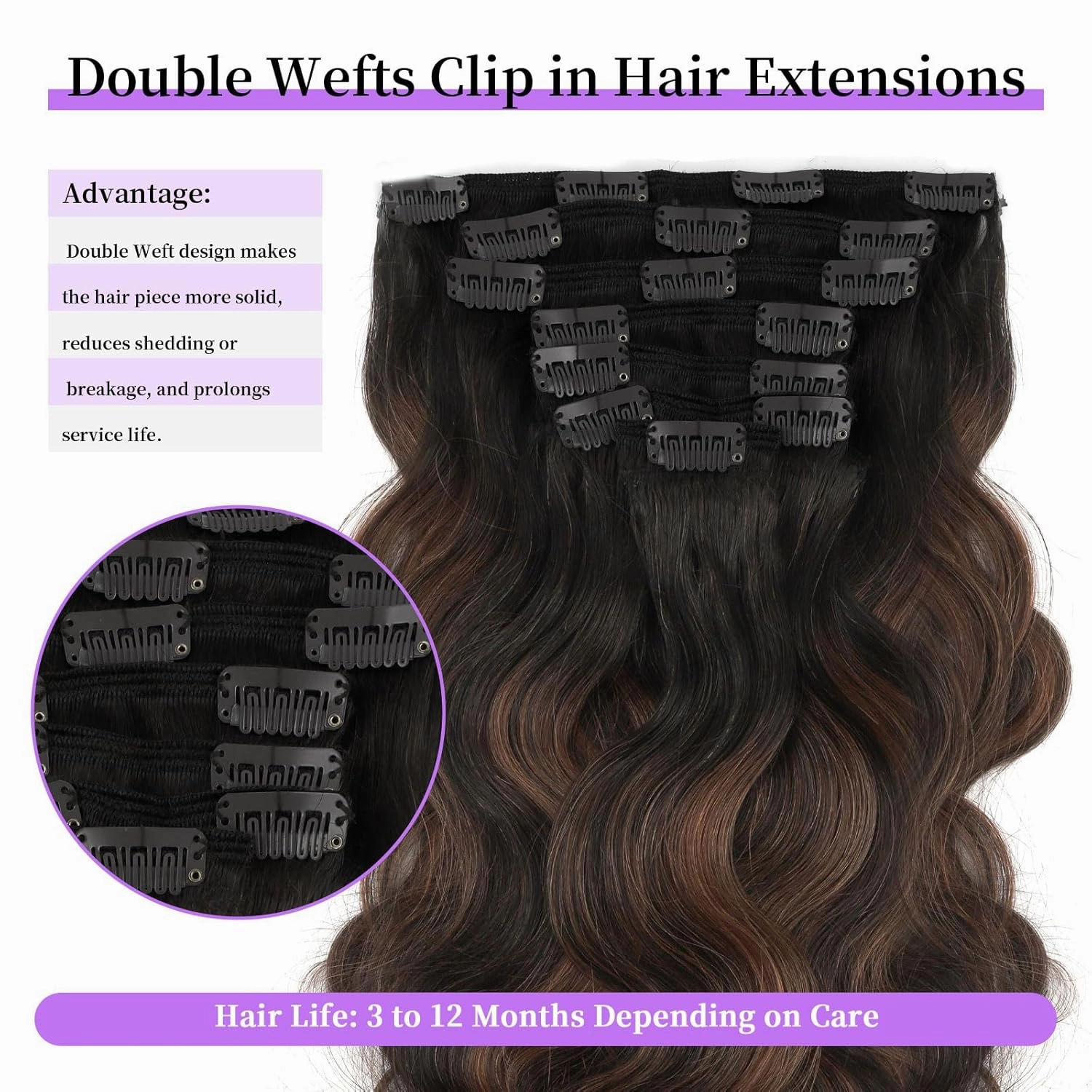Sassina Clip in Hair Extensions Human Hair Body Wave Clip in Real Human Hair Extensions Two Tone Natural Black to Chocolate Brown Remy Soft Human Hair Extensions Full Head 7Pcs 120G 20 Inch