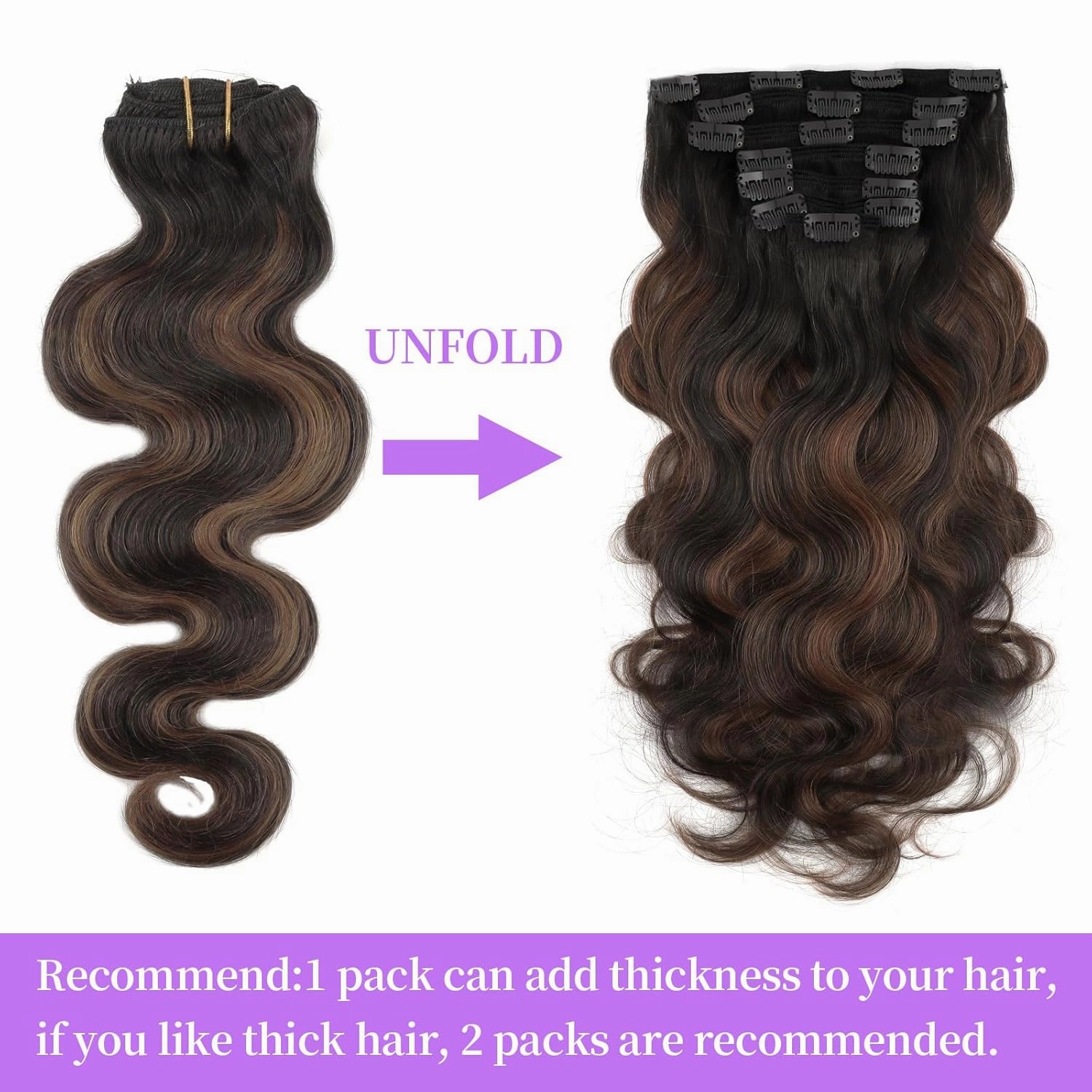 Sassina Clip in Hair Extensions Human Hair Body Wave Clip in Real Human Hair Extensions Two Tone Natural Black to Chocolate Brown Remy Soft Human Hair Extensions Full Head 7Pcs 120G 20 Inch