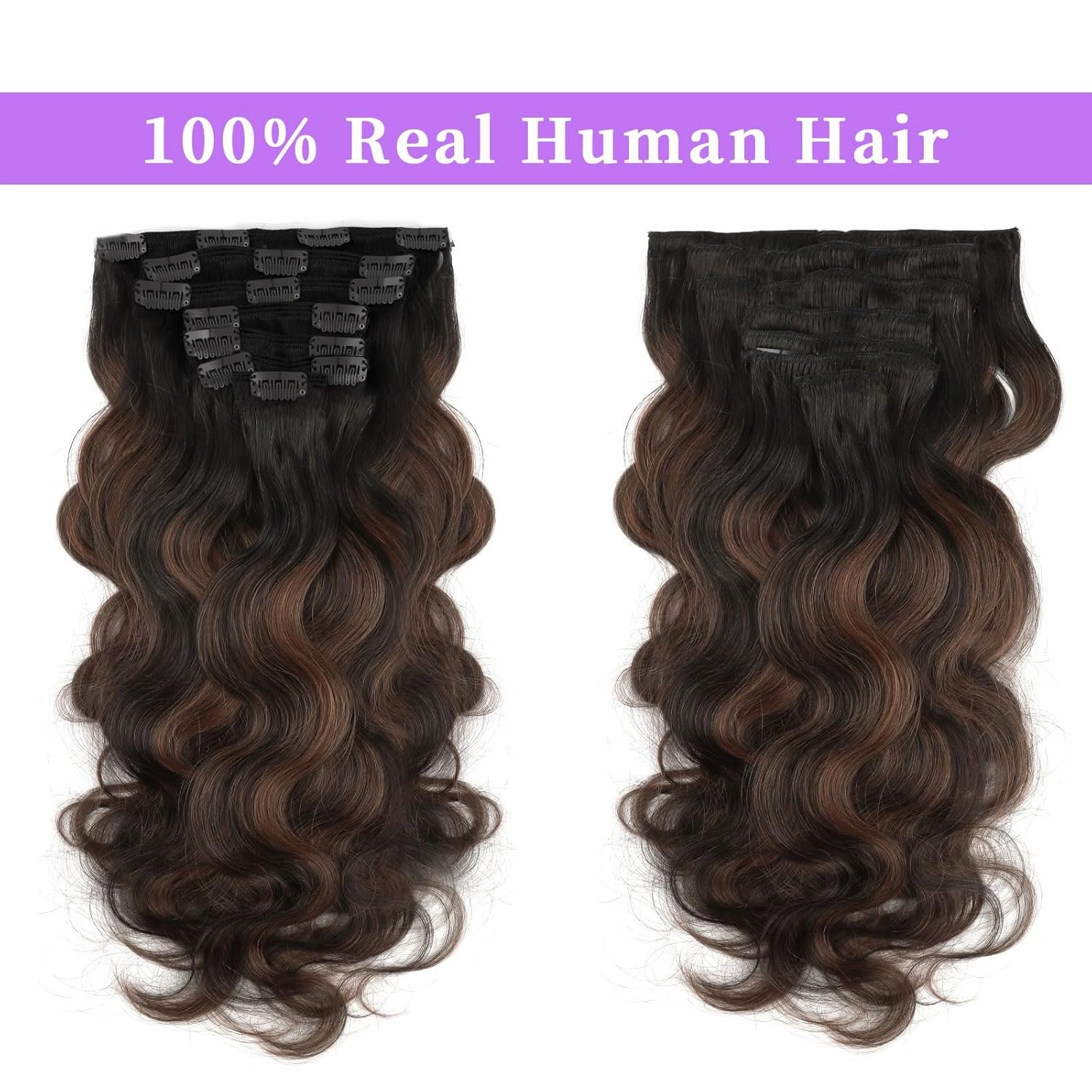 Sassina Clip in Hair Extensions Human Hair Body Wave Clip in Real Human Hair Extensions Two Tone Natural Black to Chocolate Brown Remy Soft Human Hair Extensions Full Head 7Pcs 120G 20 Inch