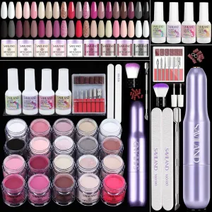 SAVILAND Advanced Dip Powder Nail Kit with Nail Drill: 28 Days Long-lasting 20 Color Pink Nude Dip Nails Powder Starter Kit Dipping Powder Liquid Set Dip Base Top Activator Brush Saver French Nail Art