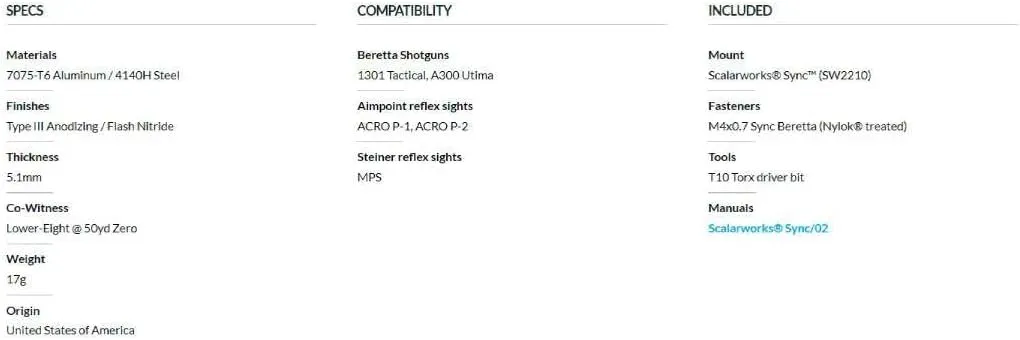 Scalarworks SYNC/02 Durable Lightweight Red Dot Sight Mount Compatible with Beretta 1301 Tactical & A300 Utima Shotguns