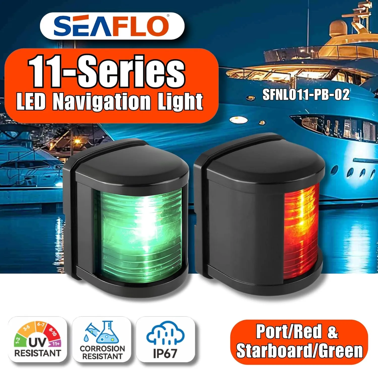SEAFLO 11 Series Regular Sized LED Green Starboard & Red Port Navigation Light – 12V, 1W, IP67 Waterproof, 2NM Visibility for Boats Under 65 ft (20m) – 4-Year Warranty (Starboard& Port Combo/Black)