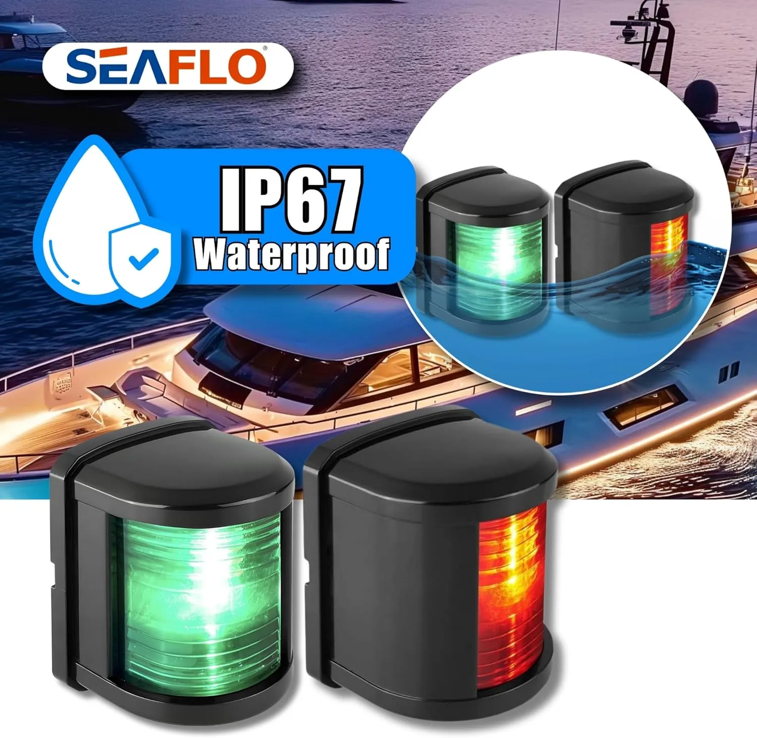 SEAFLO 11 Series Regular Sized LED Green Starboard & Red Port Navigation Light – 12V, 1W, IP67 Waterproof, 2NM Visibility for Boats Under 65 ft (20m) – 4-Year Warranty (Starboard& Port Combo/Black)