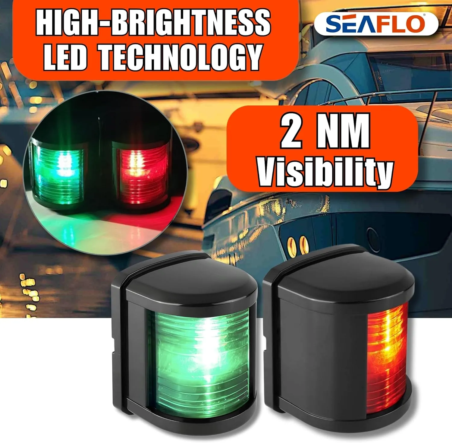 SEAFLO 11 Series Regular Sized LED Green Starboard & Red Port Navigation Light – 12V, 1W, IP67 Waterproof, 2NM Visibility for Boats Under 65 ft (20m) – 4-Year Warranty (Starboard& Port Combo/Black)