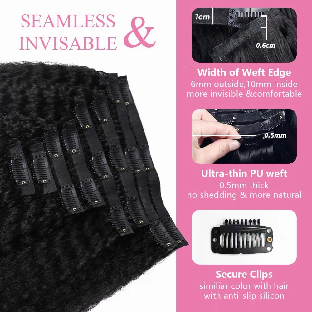 Seamless Clip In Hair Extensions Human Hair Kinky Straight 18inch 120g 8pcs Seamless Clip Ins For Black Women Real Human Hair Extensions Full Head kinky clip ins Invisible Pu Skin Weft Natural Black