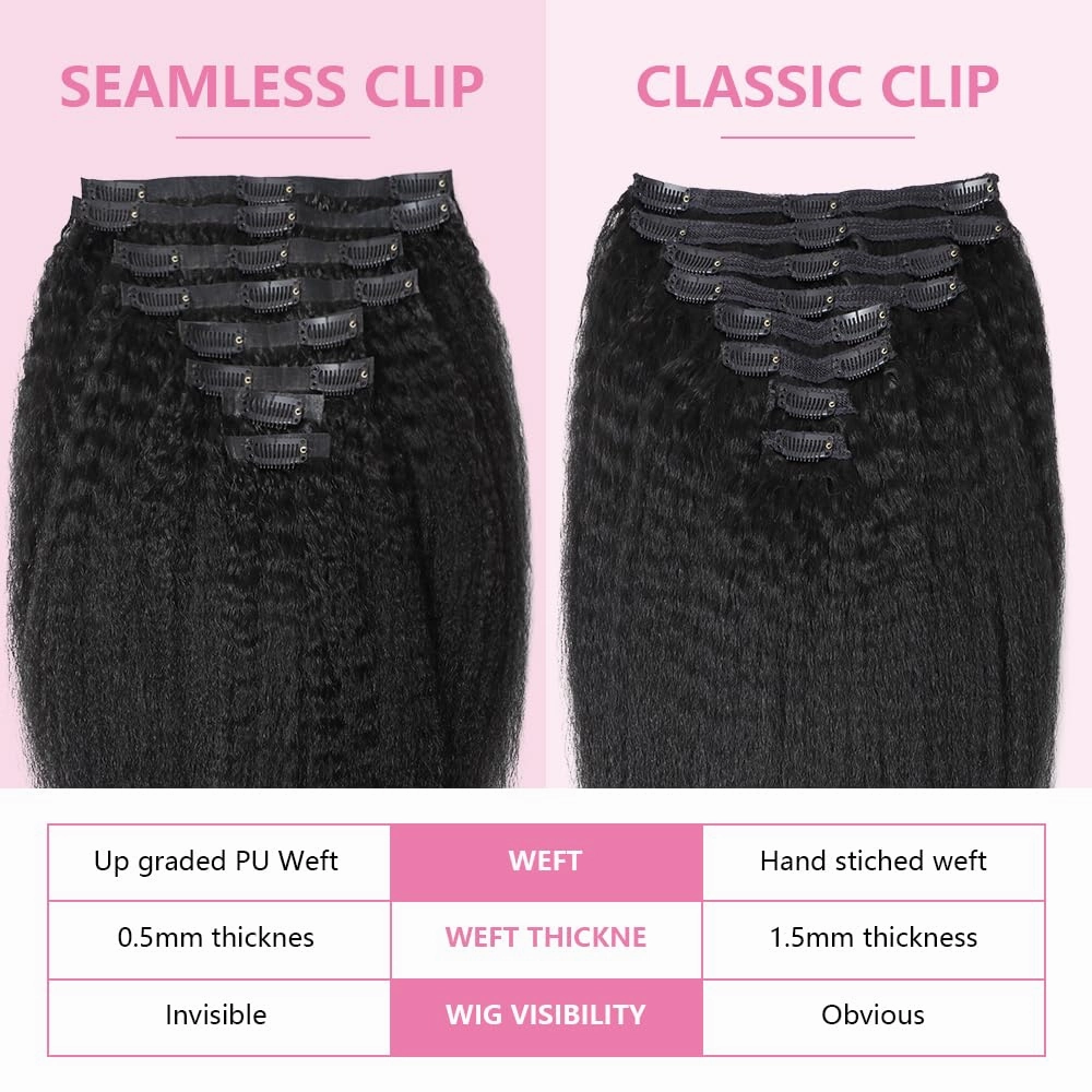 Seamless Clip In Hair Extensions Human Hair Kinky Straight 18inch 120g 8pcs Seamless Clip Ins For Black Women Real Human Hair Extensions Full Head kinky clip ins Invisible Pu Skin Weft Natural Black
