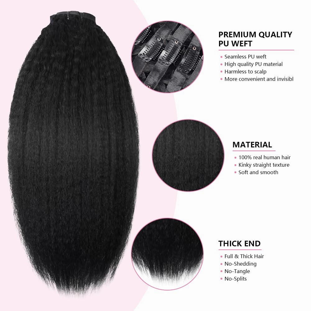 Seamless Clip In Hair Extensions Human Hair Kinky Straight 18inch 120g 8pcs Seamless Clip Ins For Black Women Real Human Hair Extensions Full Head kinky clip ins Invisible Pu Skin Weft Natural Black