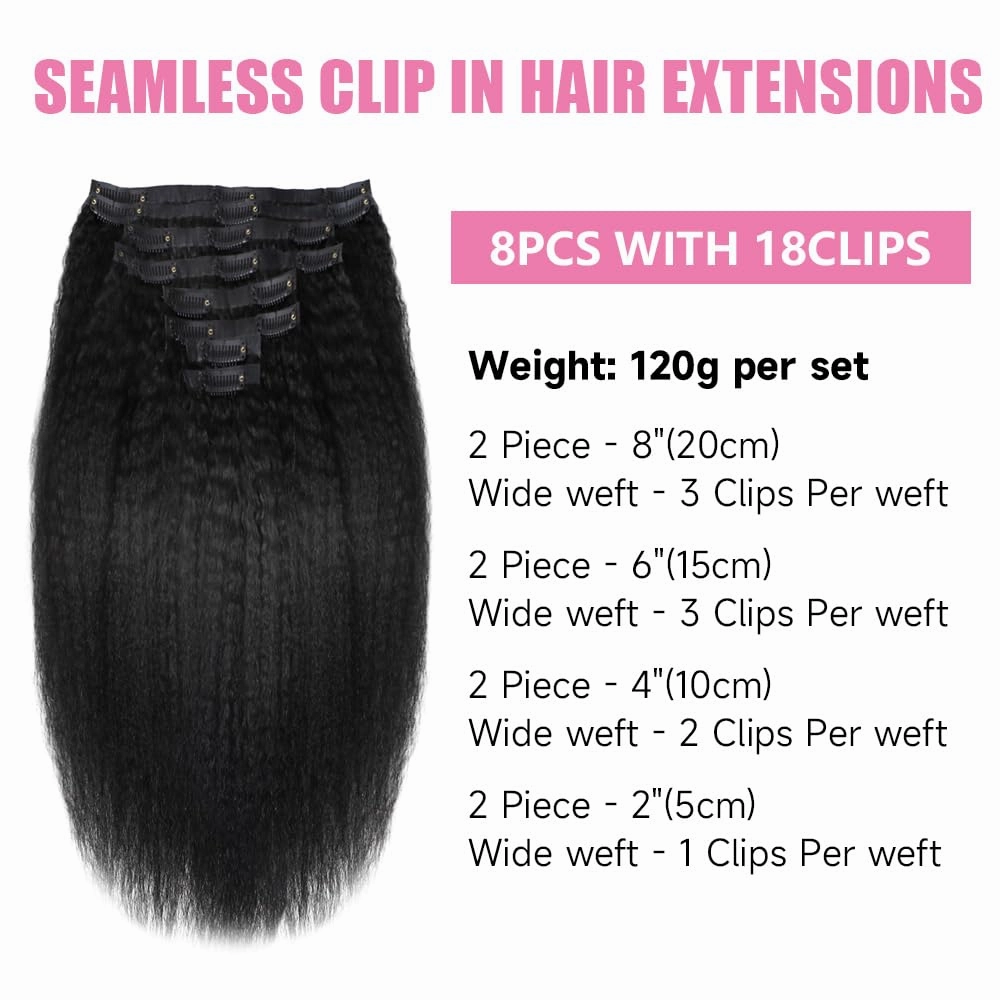 Seamless Clip In Hair Extensions Human Hair Kinky Straight 18inch 120g 8pcs Seamless Clip Ins For Black Women Real Human Hair Extensions Full Head kinky clip ins Invisible Pu Skin Weft Natural Black