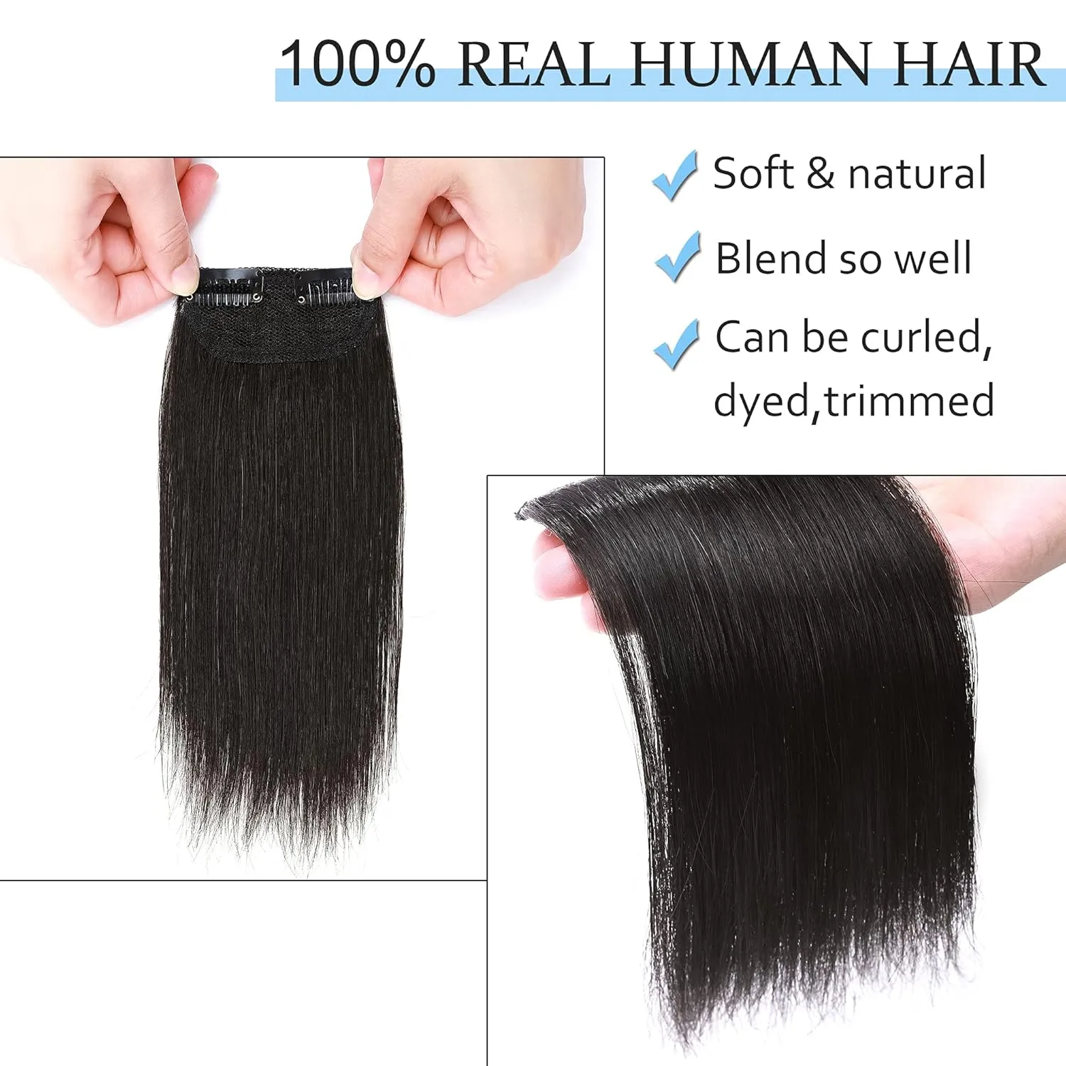 SEGO 2 Pcs Clip in Short Hair Extensions 4 Inch 16g 100% Human Hair Hairpiece Human Hair Toppers for Women With Thinning Hair Adding Hair Volume -#1B Natural Black