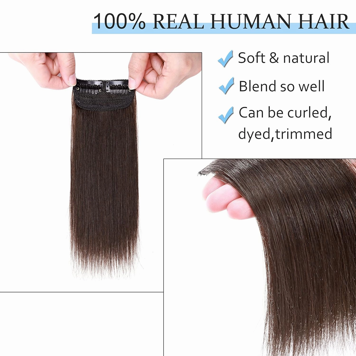 SEGO 2 Pcs Short Hair Extensions Clip in Human Hair 6 Inch 20g Hairpiece Human Hair Toppers for Women With Thinning Hair Adding Hair Volume -#02 Dark Brown