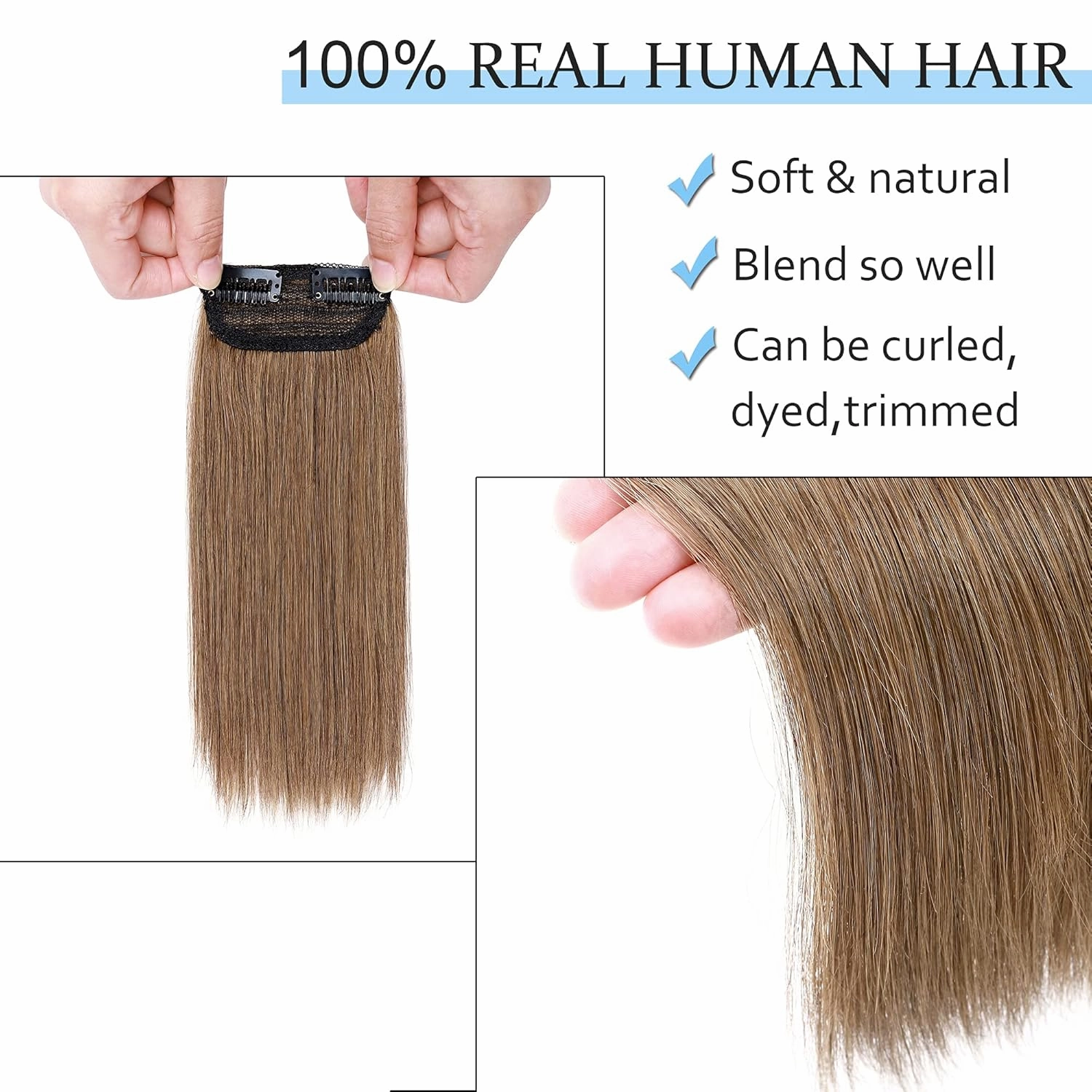 SEGO 2 Pcs Short Hair Extensions Clip in Human Hair 6 Inch 20g Hairpiece Human Hair Toppers for Women With Thinning Hair Adding Hair Volume -#06 Light Brown