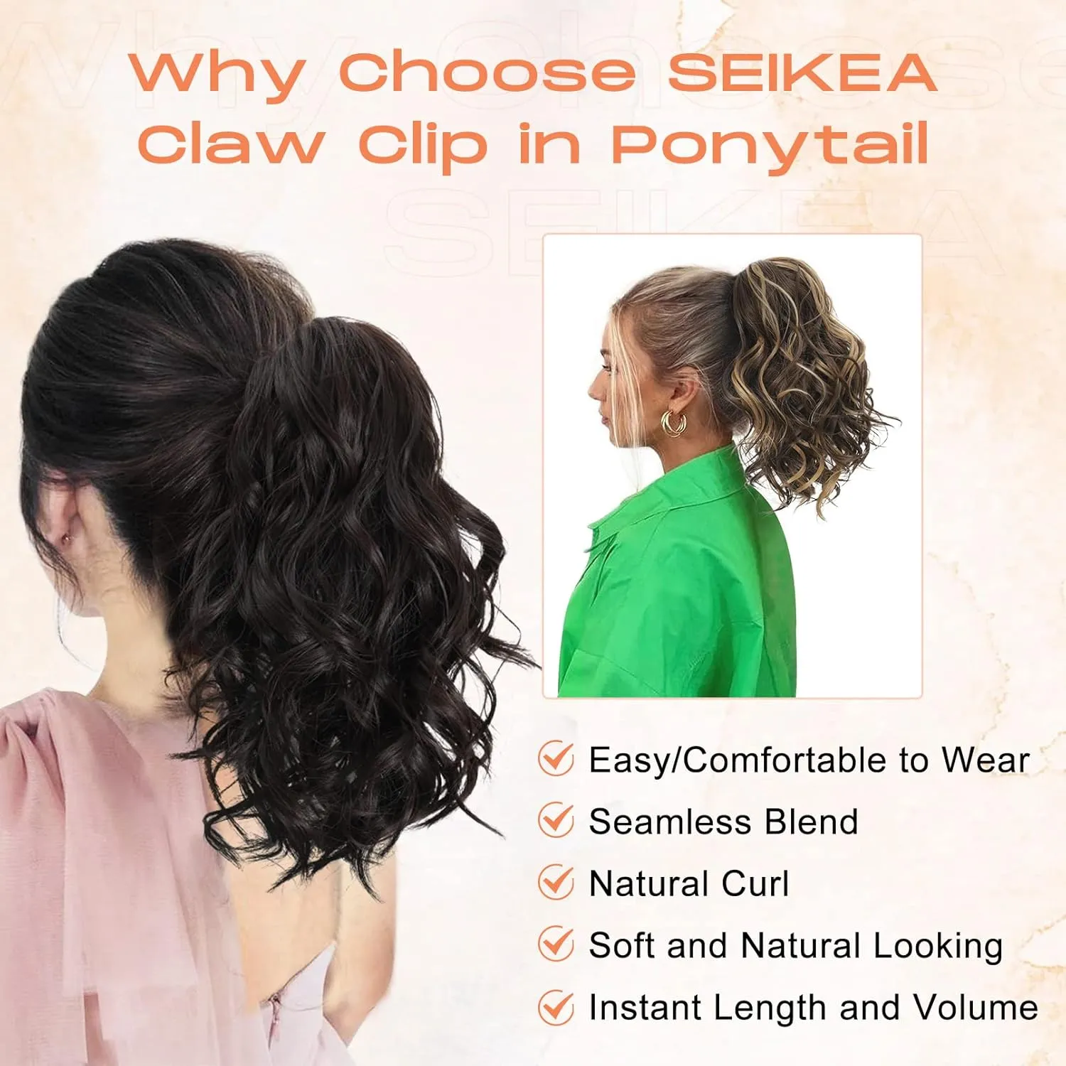 SEIKEA 10" Highlight Ponytail Extension Claw Short Thick Wavy Curly Jaw Clip in Fake Pony Tails Fake Hair Soft Natural Looking Synthetic Hairpiece for Women Black