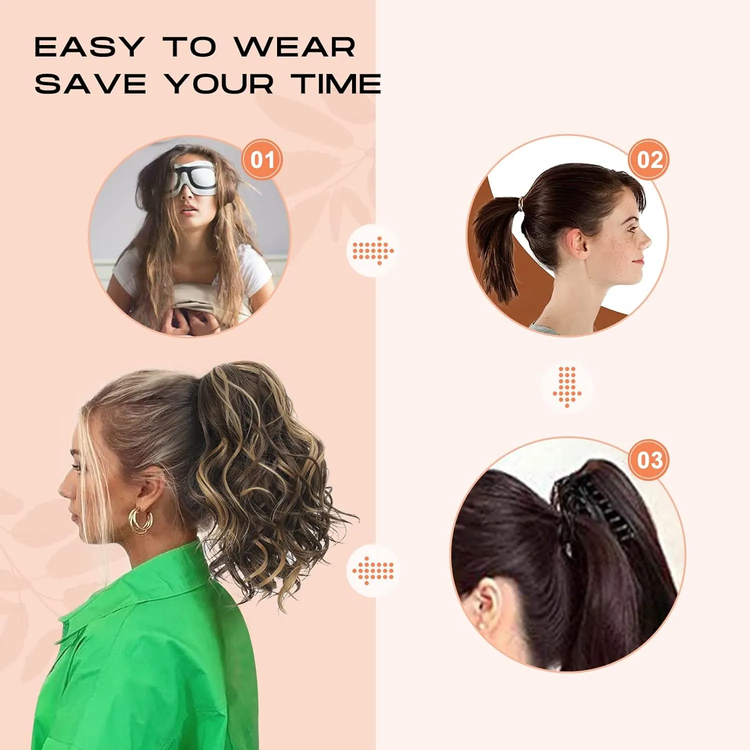 SEIKEA 10" Highlight Ponytail Extension Claw Short Thick Wavy Curly Jaw Clip in Fake Pony Tails Fake Hair Soft Natural Looking Synthetic Hairpiece for Women Black