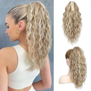SEIKEA 18" Highlight Ponytail Extension Claw, PT002 Tia Long Multi Layered Fluffy Thick Wavy Jaw Clip in Fake Pony Tails Fake Hair Soft Natural Synthetic Hairpiece Dark Blonde White Blonde Highlights