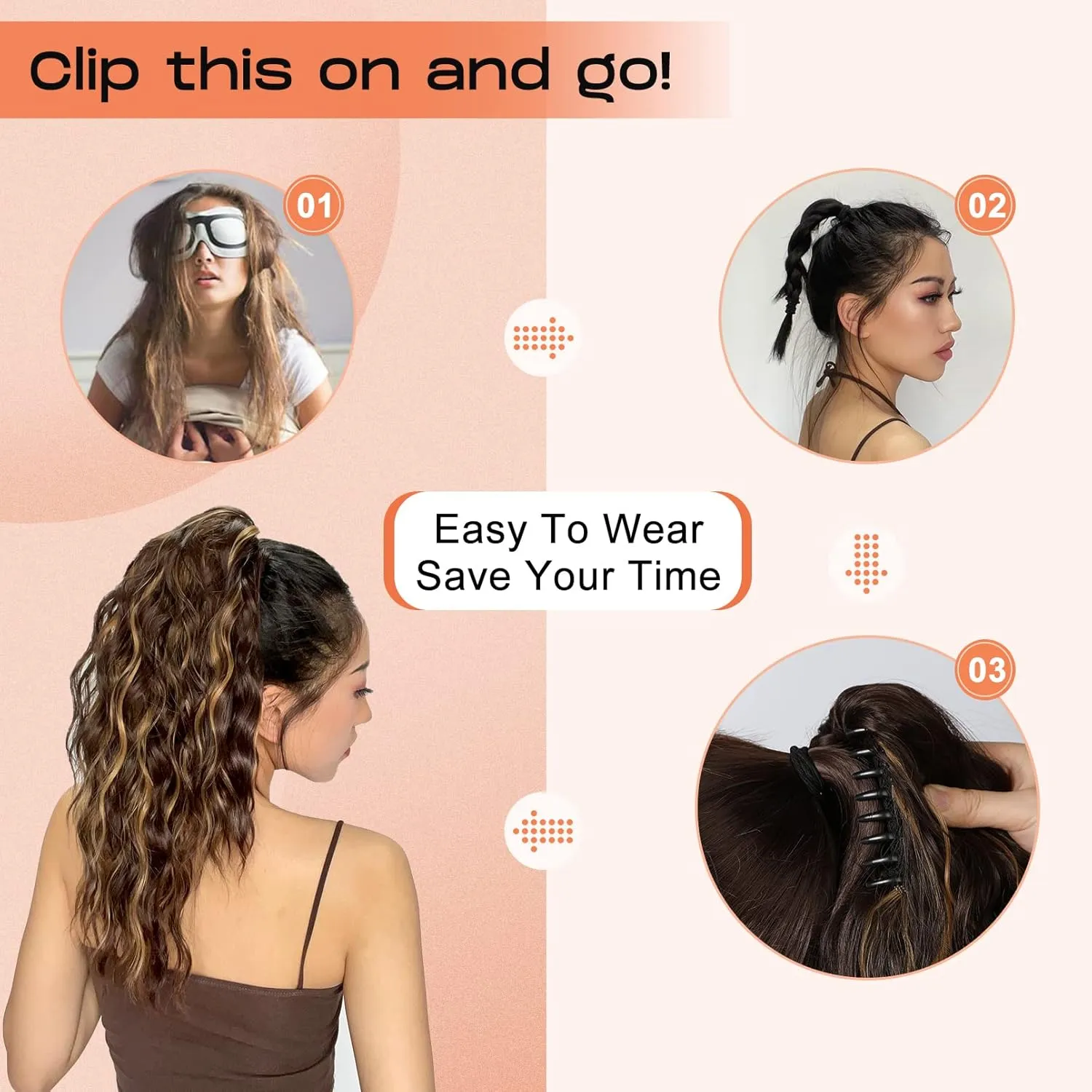 SEIKEA 18" Highlight Ponytail Extension Claw, PT002 Tia Long Multi Layered Fluffy Thick Wavy Jaw Clip in Fake Pony Tails Fake Hair Soft Natural Synthetic Hairpiece Dark Blonde White Blonde Highlights