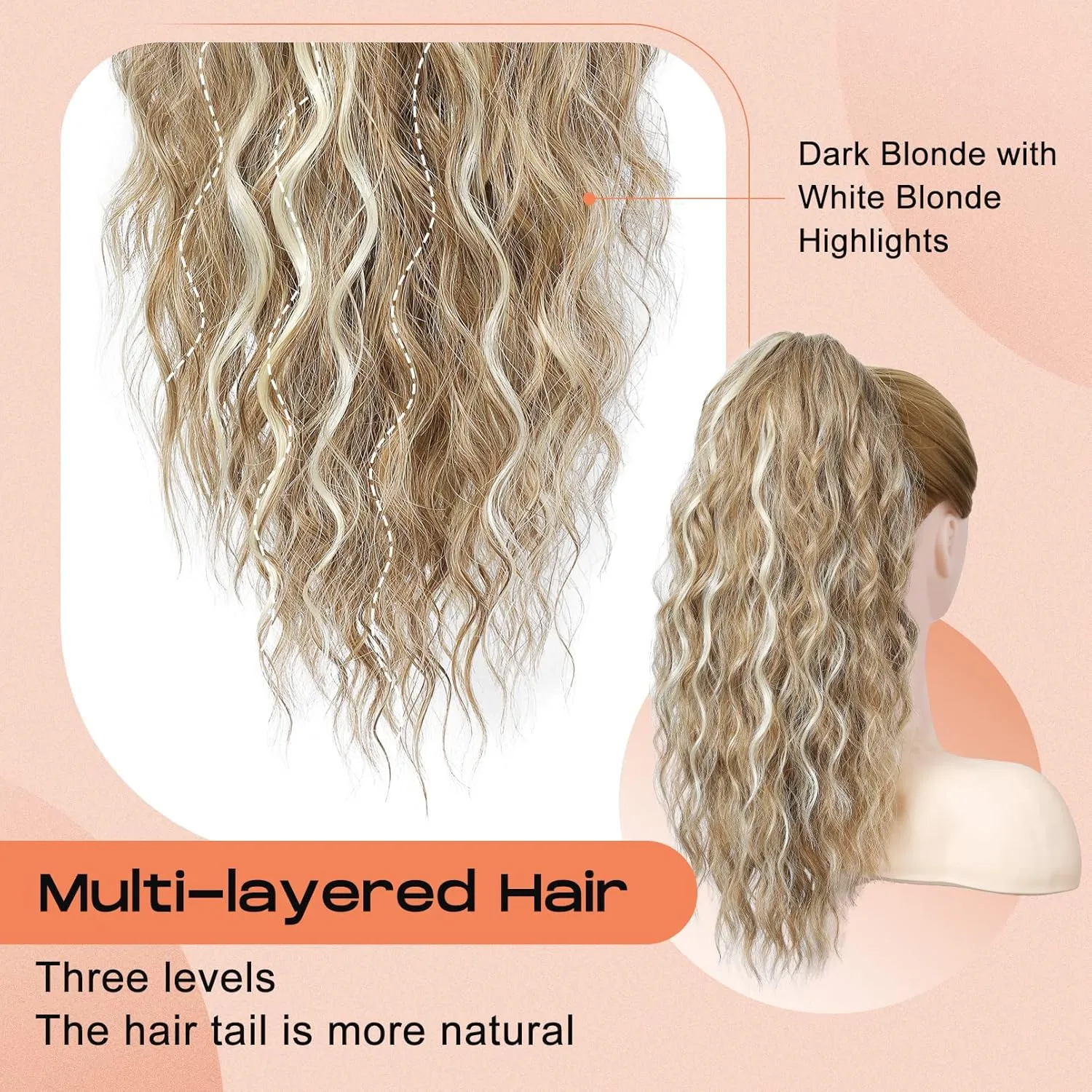 SEIKEA 18" Highlight Ponytail Extension Claw, PT002 Tia Long Multi Layered Fluffy Thick Wavy Jaw Clip in Fake Pony Tails Fake Hair Soft Natural Synthetic Hairpiece Dark Blonde White Blonde Highlights