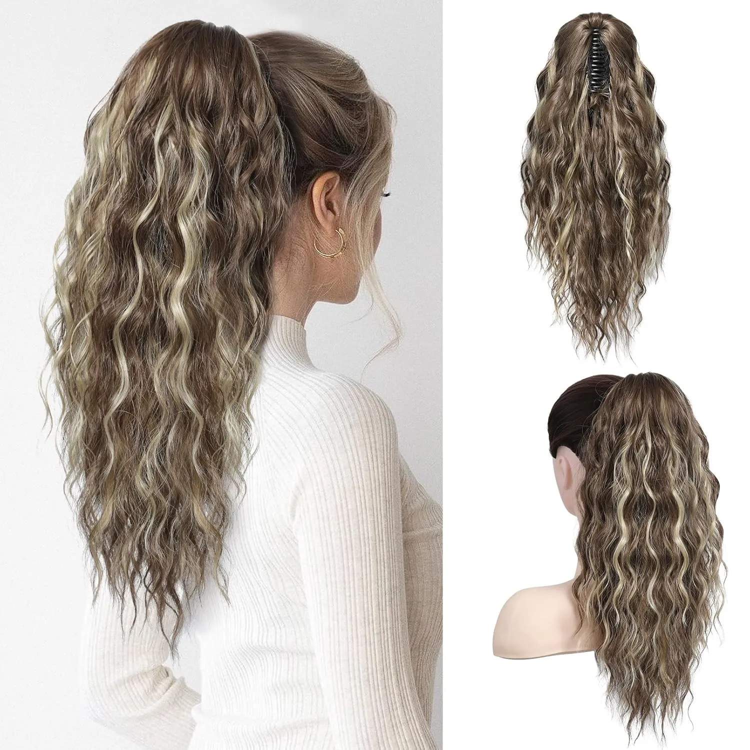 SEIKEA 18" Highlight Ponytail Extension, PT002 Tia Claw Long Multi Layered Fluffy Thick Wavy Jaw Clip in Fake Pony Tails Fake Hair Soft Natural Synthetic Hairpiece Light Brown Light Blonde Highlights