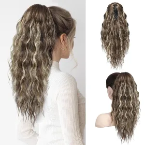 SEIKEA 18" Highlight Ponytail Extension, PT002 Tia Claw Long Multi Layered Fluffy Thick Wavy Jaw Clip in Fake Pony Tails Fake Hair Soft Natural Synthetic Hairpiece Light Brown Light Blonde Highlights