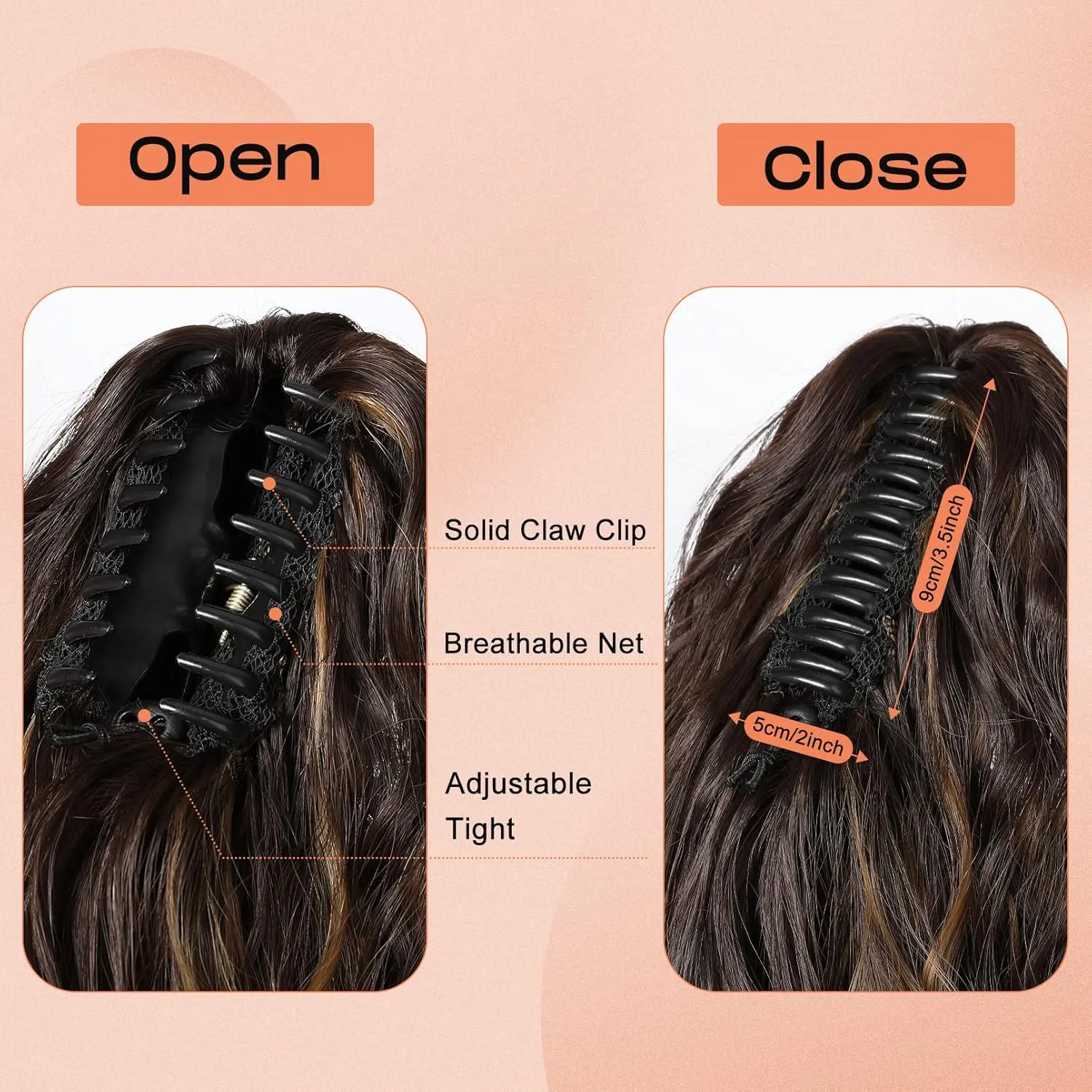 SEIKEA 18" Highlight Ponytail Extension, PT002 Tia Claw Long Multi Layered Fluffy Thick Wavy Jaw Clip in Fake Pony Tails Fake Hair Soft Natural Synthetic Hairpiece Light Brown Light Blonde Highlights