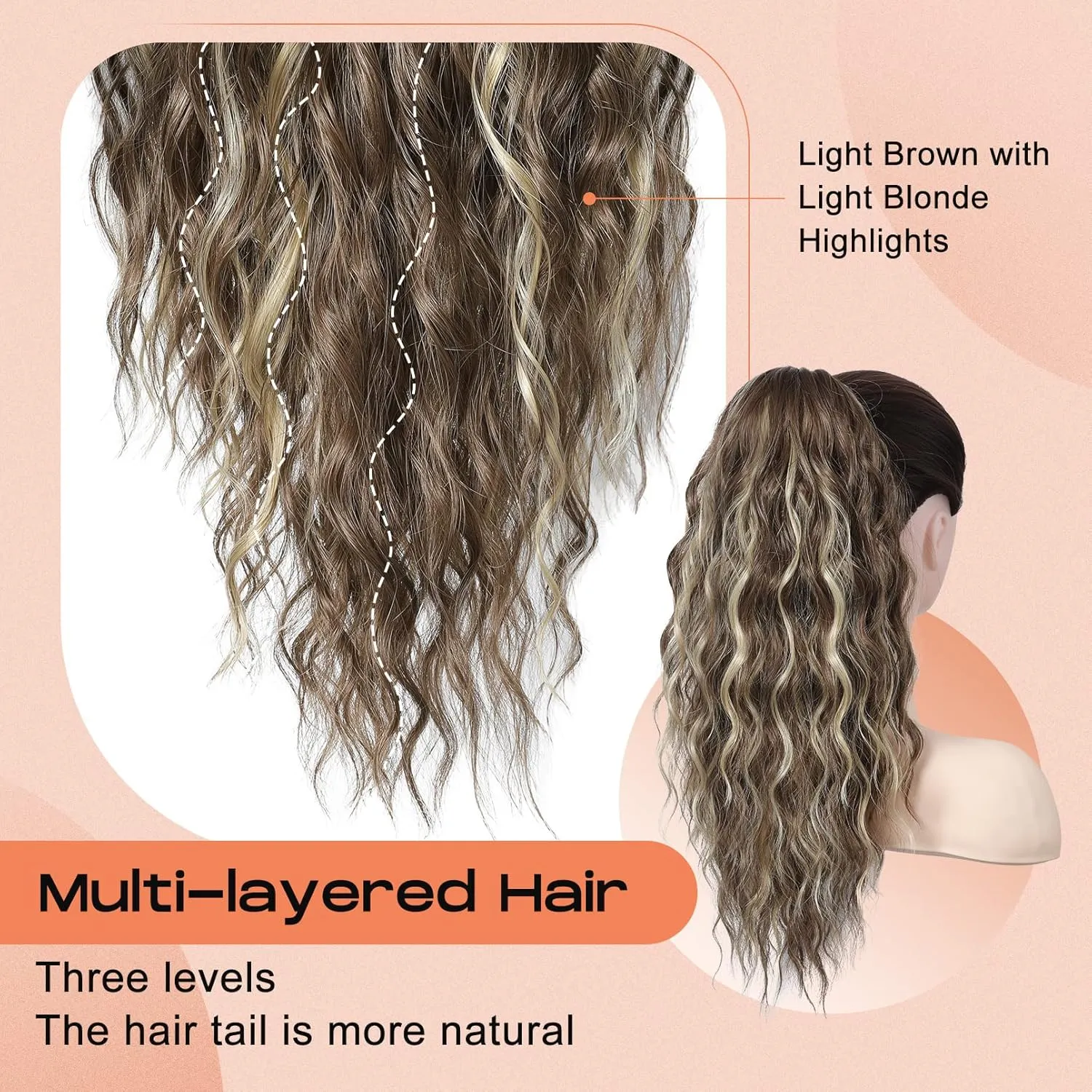 SEIKEA 18" Highlight Ponytail Extension, PT002 Tia Claw Long Multi Layered Fluffy Thick Wavy Jaw Clip in Fake Pony Tails Fake Hair Soft Natural Synthetic Hairpiece Light Brown Light Blonde Highlights