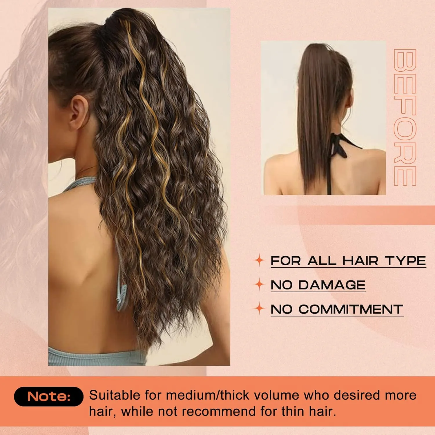 SEIKEA 18" Highlight Ponytail Extension, PT002 Tia Claw Long Multi Layered Fluffy Thick Wavy Jaw Clip in Fake Pony Tails Fake Hair Soft Natural Synthetic Hairpiece Light Brown Light Blonde Highlights