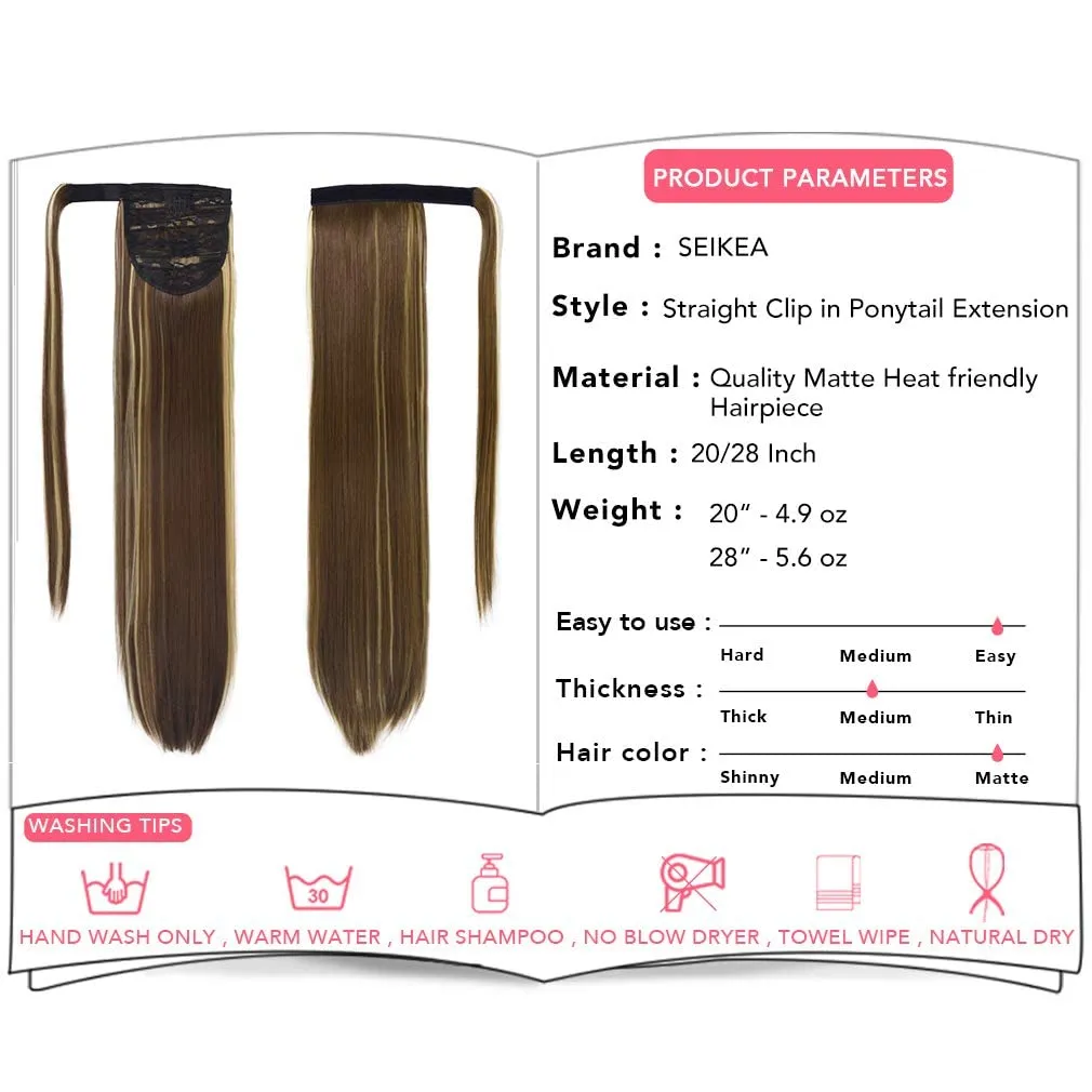 SEIKEA Clip in Ponytail Extension Wrap Around Straight Hair for Women (28", Brown/Ash Blonde Mix)