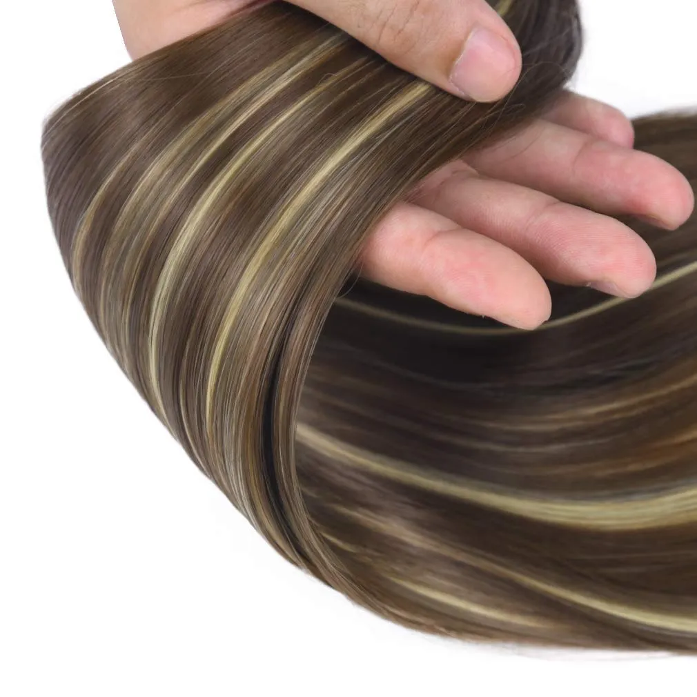 SEIKEA Clip in Ponytail Extension Wrap Around Straight Hair for Women (28", Brown/Ash Blonde Mix)