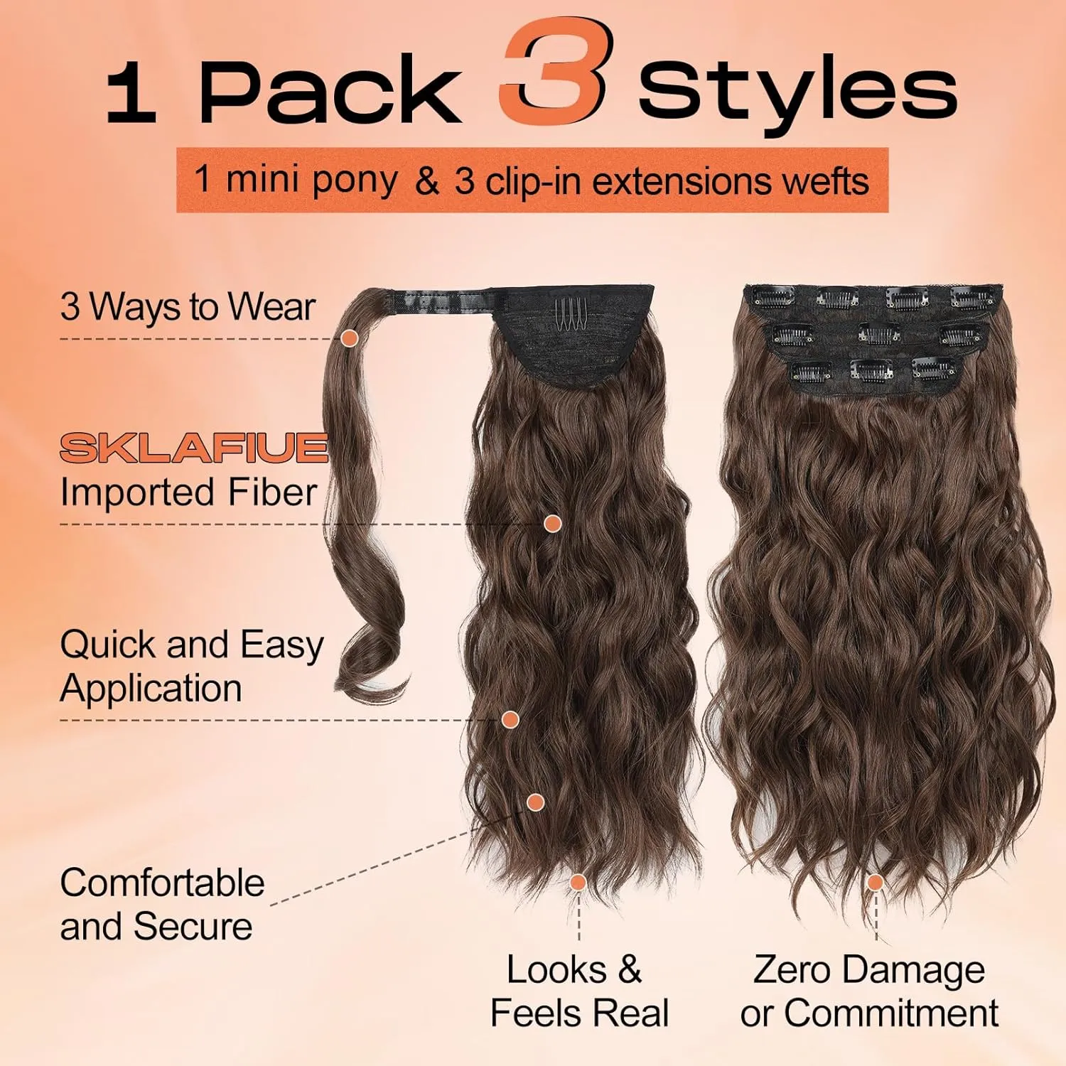 SEIKEA Half Up Half Down Ponytail Extension Set, 4PCS 16" Long Wavy Clip in Hair Extensions 3 Style in 1 Tangle-Resistant Natural Soft Thick Fake Wrap Around Ponytail Synthetic Hairpiece Mixed Brown