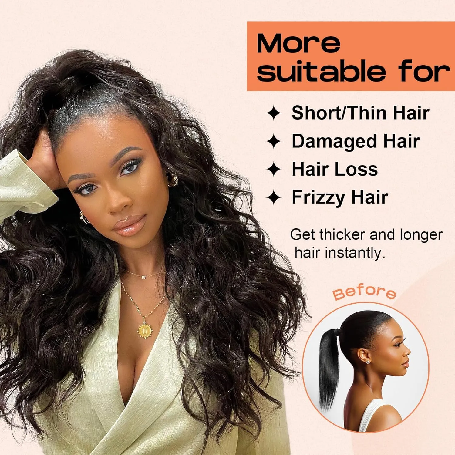 SEIKEA Half Up Half Down Ponytail Extension Set, 4PCS 16" Long Wavy Clip in Hair Extensions 3 Style in 1 Tangle-Resistant Natural Soft Thick Fake Wrap Around Ponytail Synthetic Hairpiece Mixed Brown