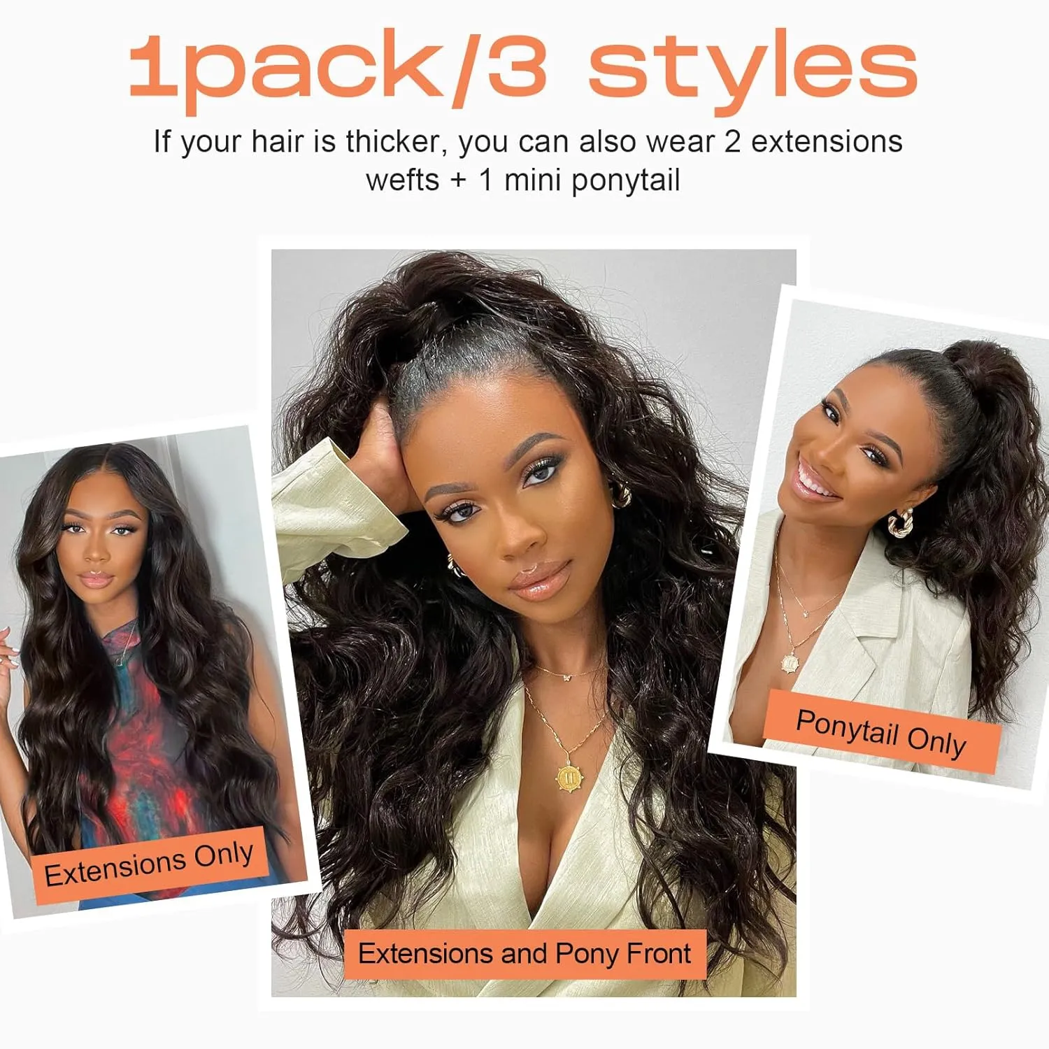 SEIKEA Half Up Half Down Ponytail Extension Set, 4PCS 16" Long Wavy Clip in Hair Extensions 3 Style in 1 Tangle-Resistant Natural Soft Thick Fake Wrap Around Ponytail Synthetic Hairpiece Mixed Brown
