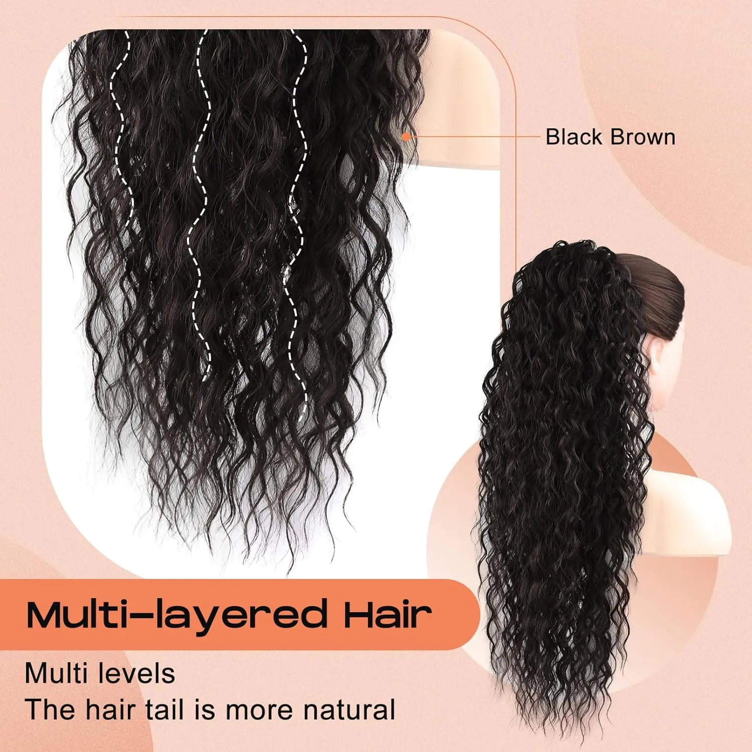 SEIKEA Highlight Drawstring Ponytail Extension, PT005 Isabella 26" Long Bohemian Curly Pony Tail Multi Layered Light Soft Clip in Hair Extensions Ponytail Natural Synthetic Hairpiece Black Brown
