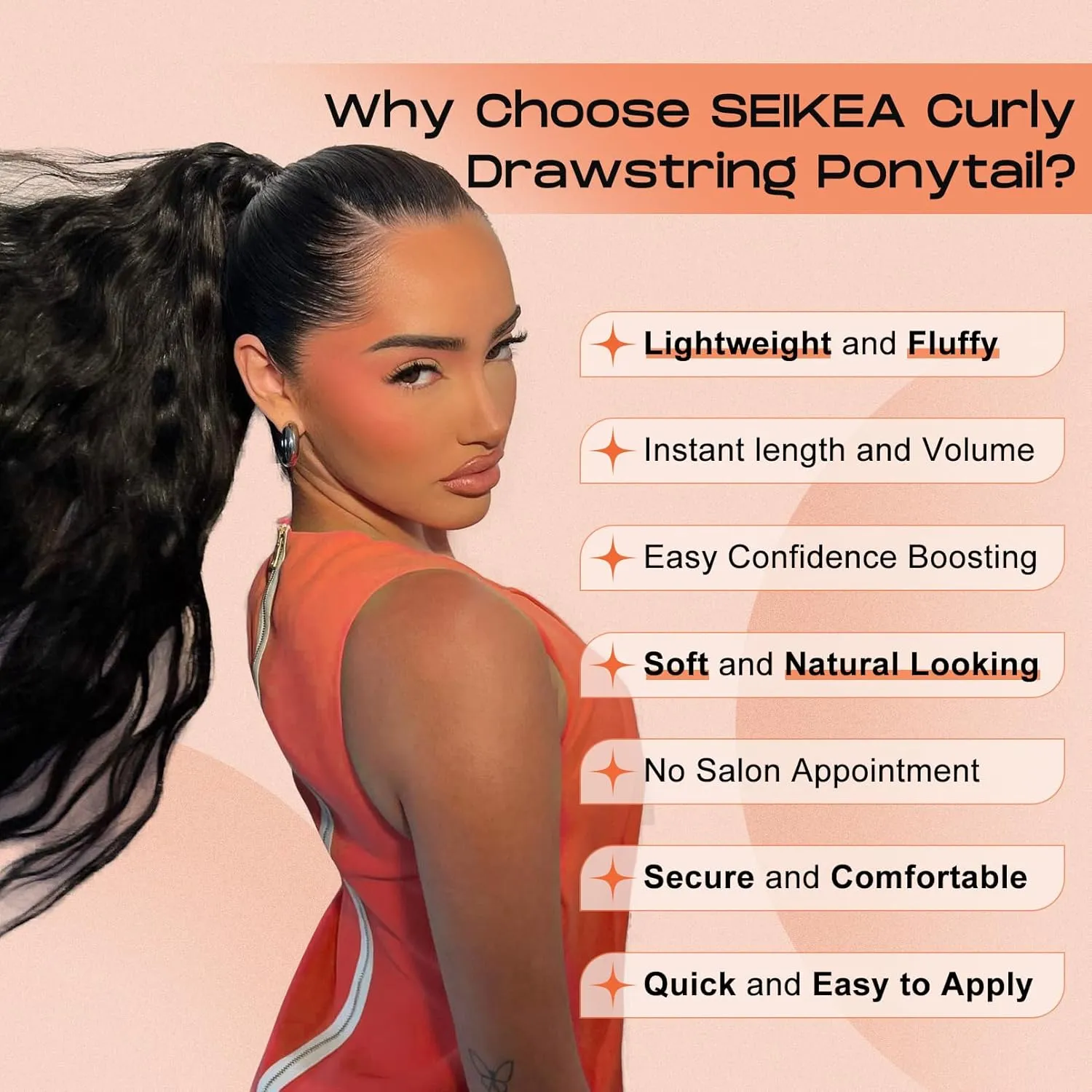 SEIKEA Highlight Drawstring Ponytail Extension, PT005 Isabella 26" Long Bohemian Curly Pony Tail Multi Layered Light Soft Clip in Hair Extensions Ponytail Natural Synthetic Hairpiece Black Brown
