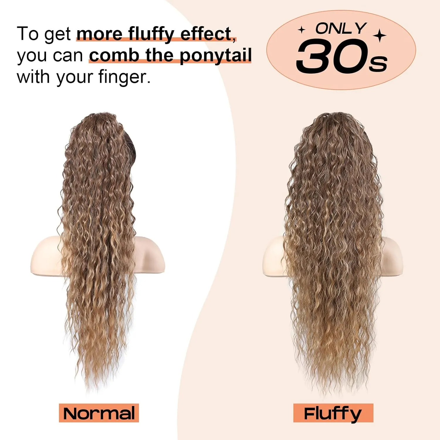 SEIKEA Highlight Drawstring Ponytail Extension, PT005 Isabella 26" Long Bohemian Curly Pony Tail Multi Layered Light Soft Clip in Hair Extensions Ponytail Natural Synthetic Hairpiece Black Brown